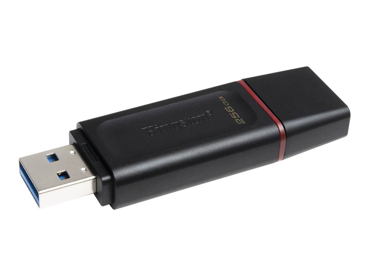 Schwarzes USB-Speicherstick mit silbernem Stecker und rotem Akzent auf weißem Hintergrund.