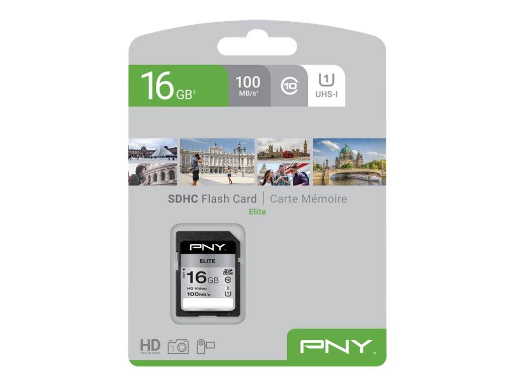 PNY 16GB Elite SDHC Speicherkarte Verpackung mit 100 MB/s Geschwindigkeit und UHS-I Kompatibilität, mit der Karte auf der Vorderseite abgebildet.