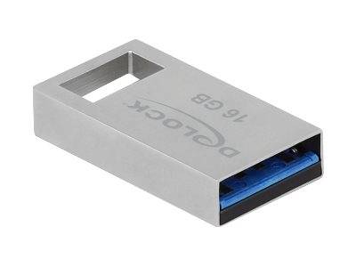 Silber-USB-Speicherstick 16 GB mit rechteckiger Aussparung oben und blauem Anschluss sichtbar im offenen Ende.