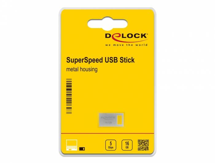 Gelber DELock SuperSpeed USB-Stick Retail-Verpackung mit Metallgehäuse, 5-Gbps-Geschwindigkeit, 16-GB-Kapazität und ein kleines USB-Laufwerk unten gezeigt.