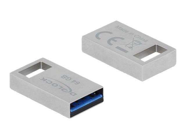 Zwei Ansichten eines grauen USB-Stick-Gehäuses, die den vorderen USB-Anschluss und die Rückseite mit einem rechteckigen Schlitz und Konformitätskennzeichnungen zeigen.