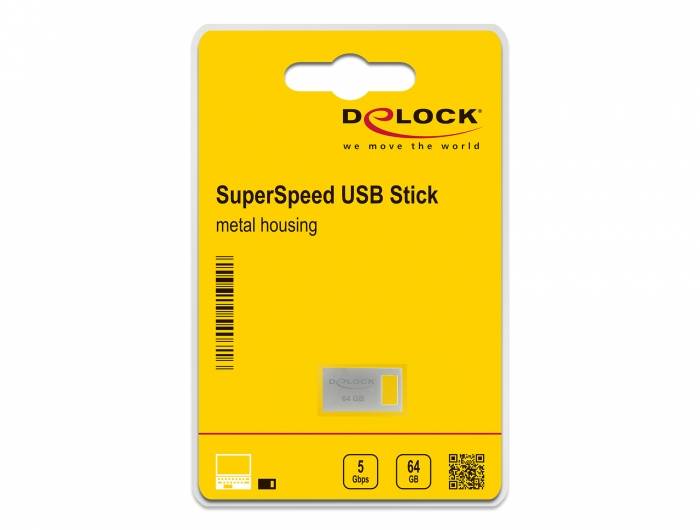 Gelbe Delock-Einzelhandelsverpackung für einen SuperSpeed-USB-Stick mit Metallgehäuse, zeigt Kapazitätssymbole und Barcode/QR-Code.
