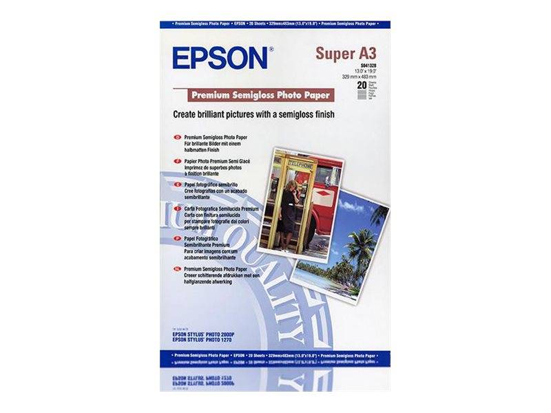Epson Super A3 Premium-Seidenglanzfotopapier-Paket mit Produktmerkmalen und Beispielfotodruck auf der Vorderseite.