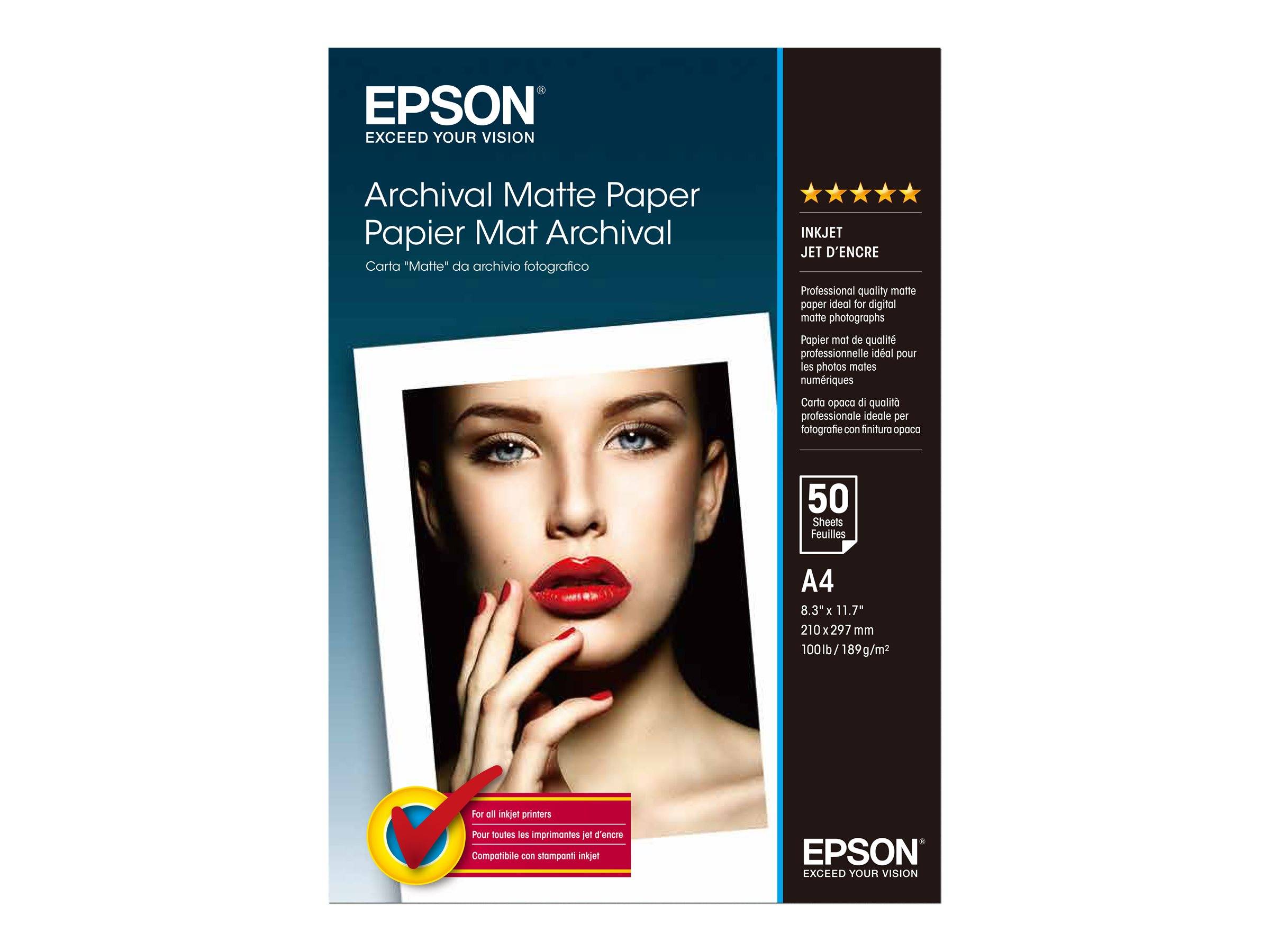 Epson Archivmatte Papierverpackung mit Beispielporträtfoto, 50 Blatt, A4-Format, und Tintenstrahldrucker-Anwendung angegeben.