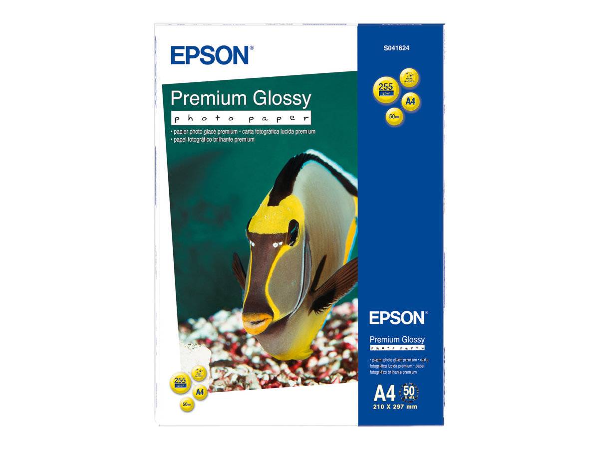 Epson Premium Hochglanz-Fotopapier-Paket, A4-Format, 50 Blatt, mit Fischbild auf der Vorderseite.