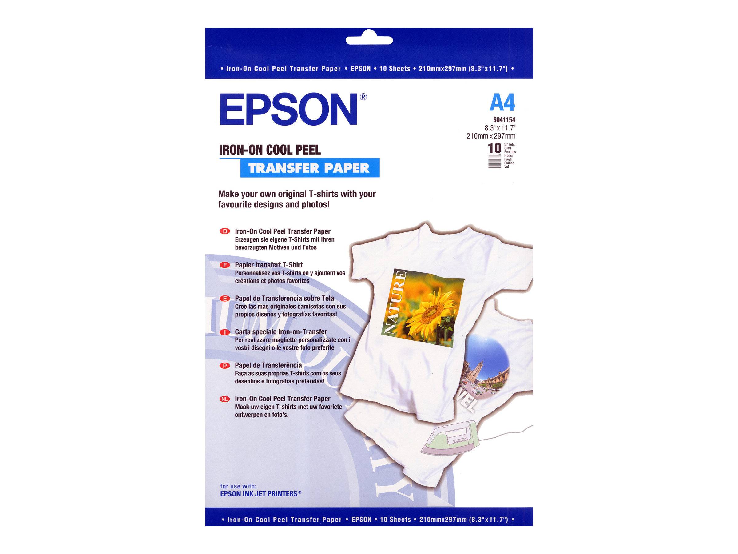 Epson A4 Bügeleisen-Abziehtransferpapier-Verpackung mit einem T-Shirt mit Fotodruck und Produktmerkmalen für Tintenstrahldrucker.