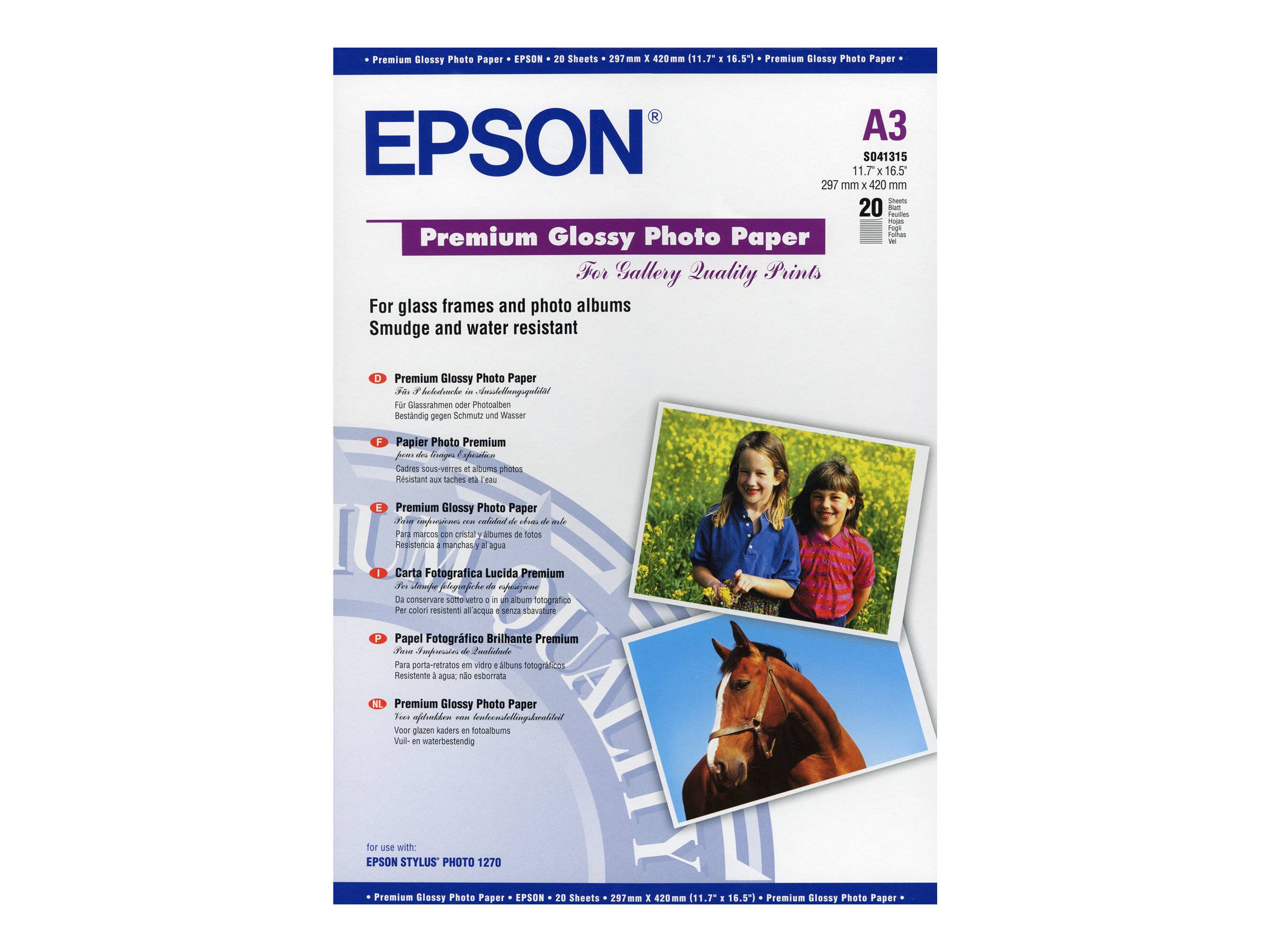 EPSON Premium Glanzfoto-Papier-Packung für A3-Drucker, zeigt Fotografie von Kindern und einem Pferd, mit Produktmerkmalen und Anzahl von 20 Blatt.