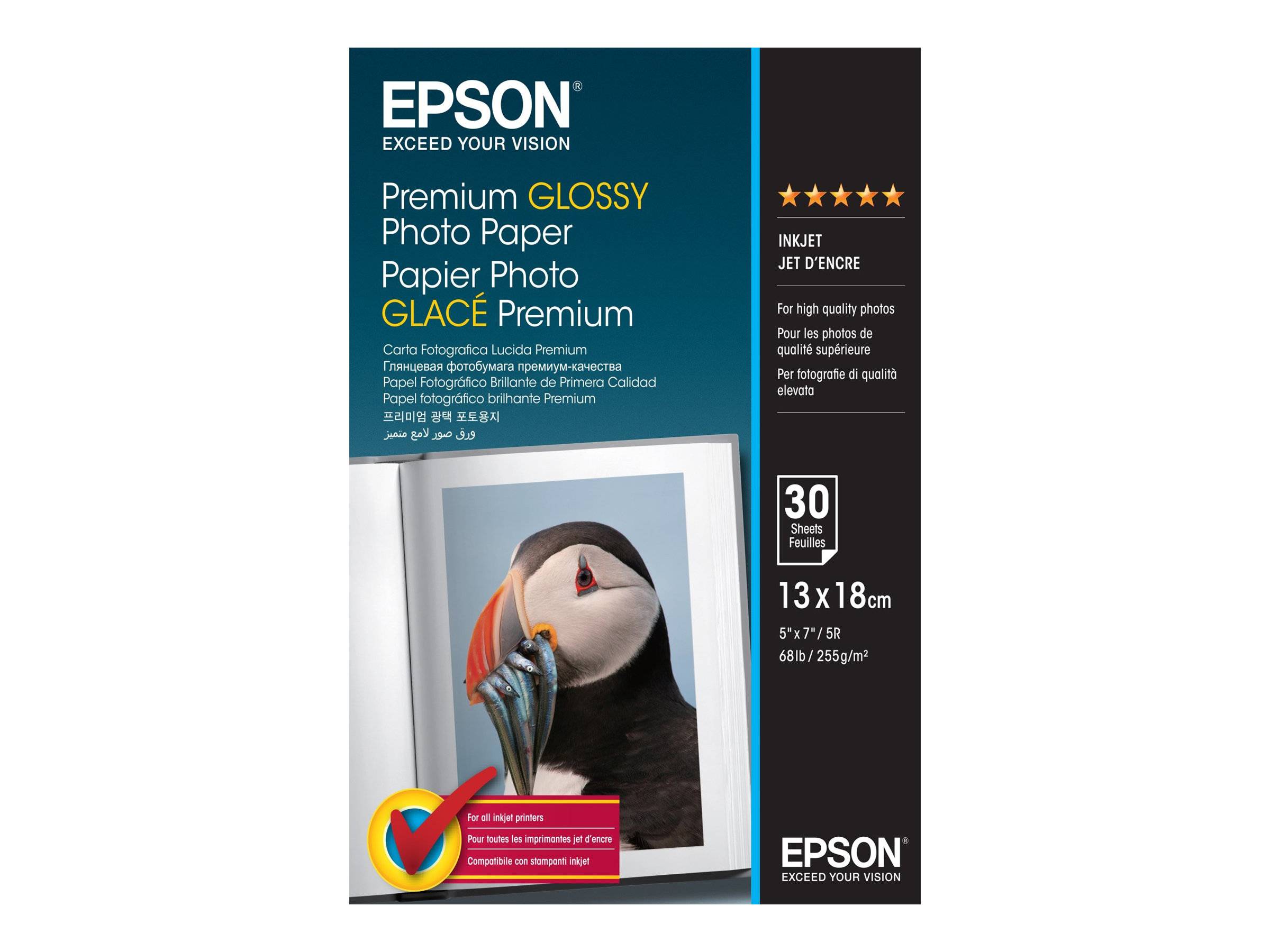 Epson Premium Glanzfotopapier Packung, zeigt ein Papageitaucher-Foto und Produktdetails: 30 Blatt, 13 x 18 cm, 255 g/m2.