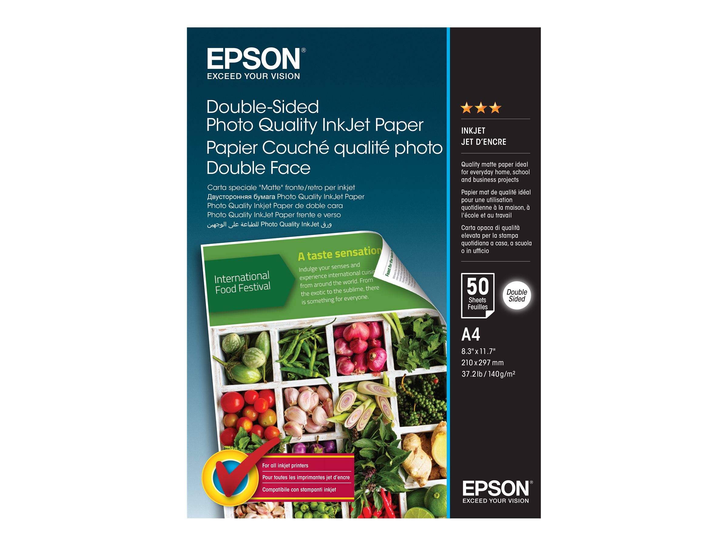 Epson Fotopapier beidseitig bedruckbar, Paket mit A4 50-Blatt glänzendem Fotopapier und Beispieldruck eines farbenfrohen Essensfotos.
