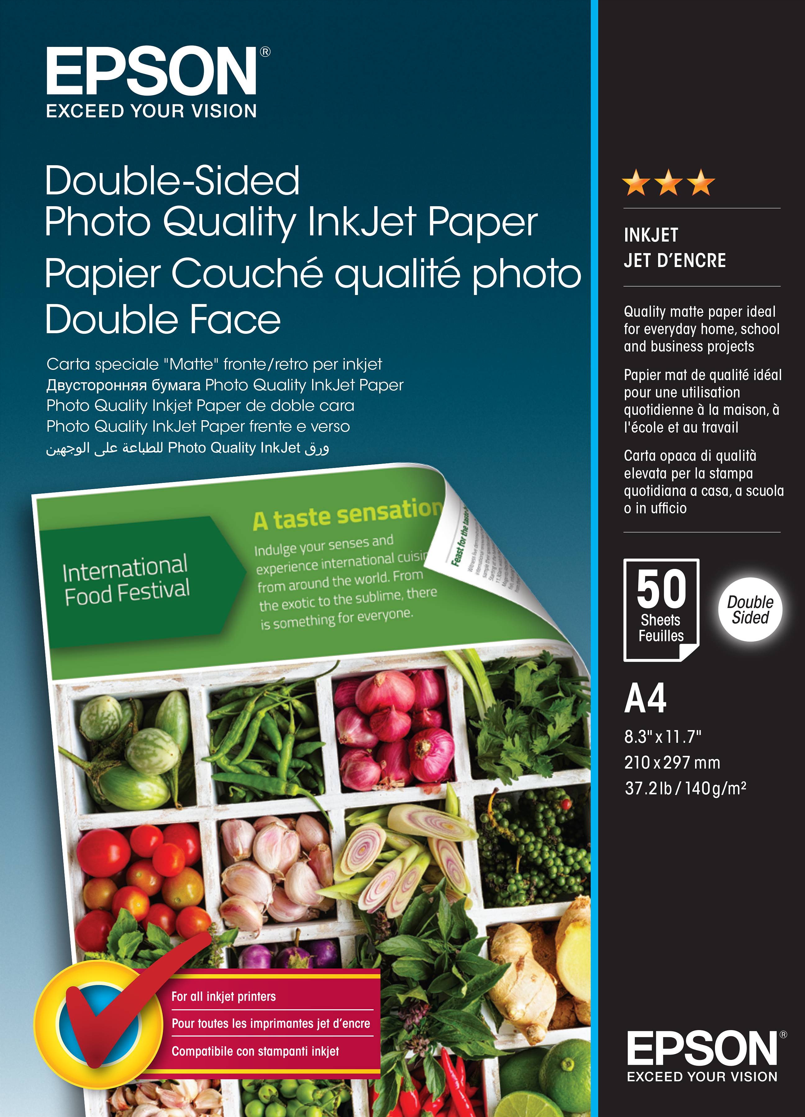 Epson beidseitig bedruckbar Fotopapier Tintenstrahl-Paket, zeigt A4 50-Blatt-Papier mit Beispiel-Lebensmittelfotos und mehrsprachigen Produktdetails.