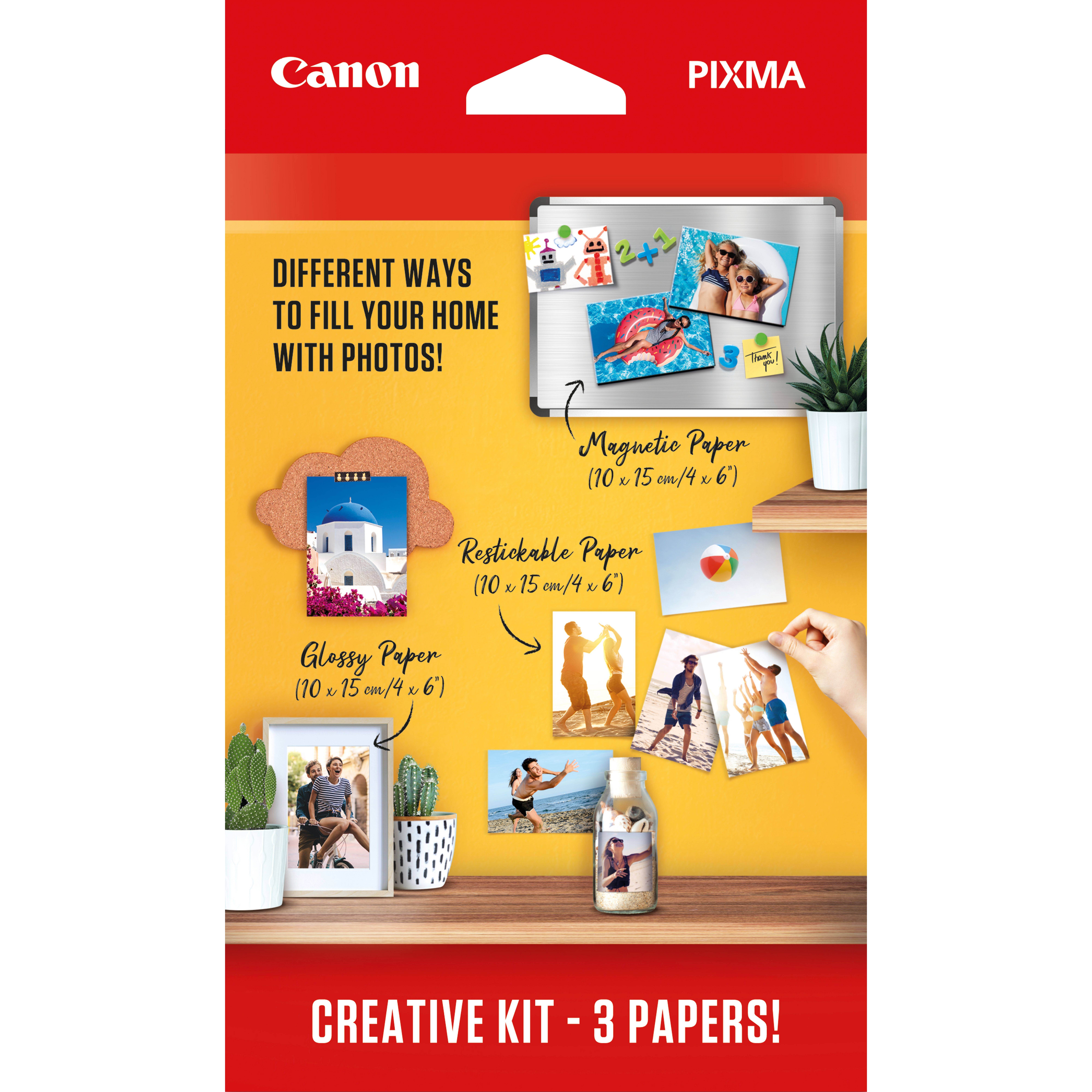 Canon PIXMA Kreativ-Set-Poster mit drei Fotopapiertypen für den Heimgebrauch: Magnetisch, Wiederablösbar und Glänzend, mit Beispiel-Fotoanzeigen.
