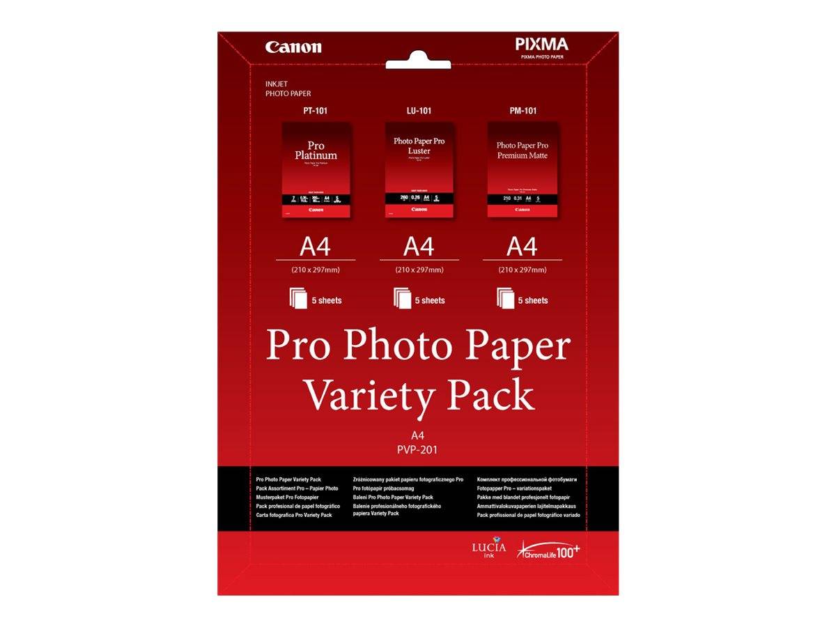 Canon PIXMA Pro Fotopapier Variationspack, A4, mit drei Papiersorten: Pro Platinum, Fotopapier Plus Luster und Fotopapier Plus Glossy.