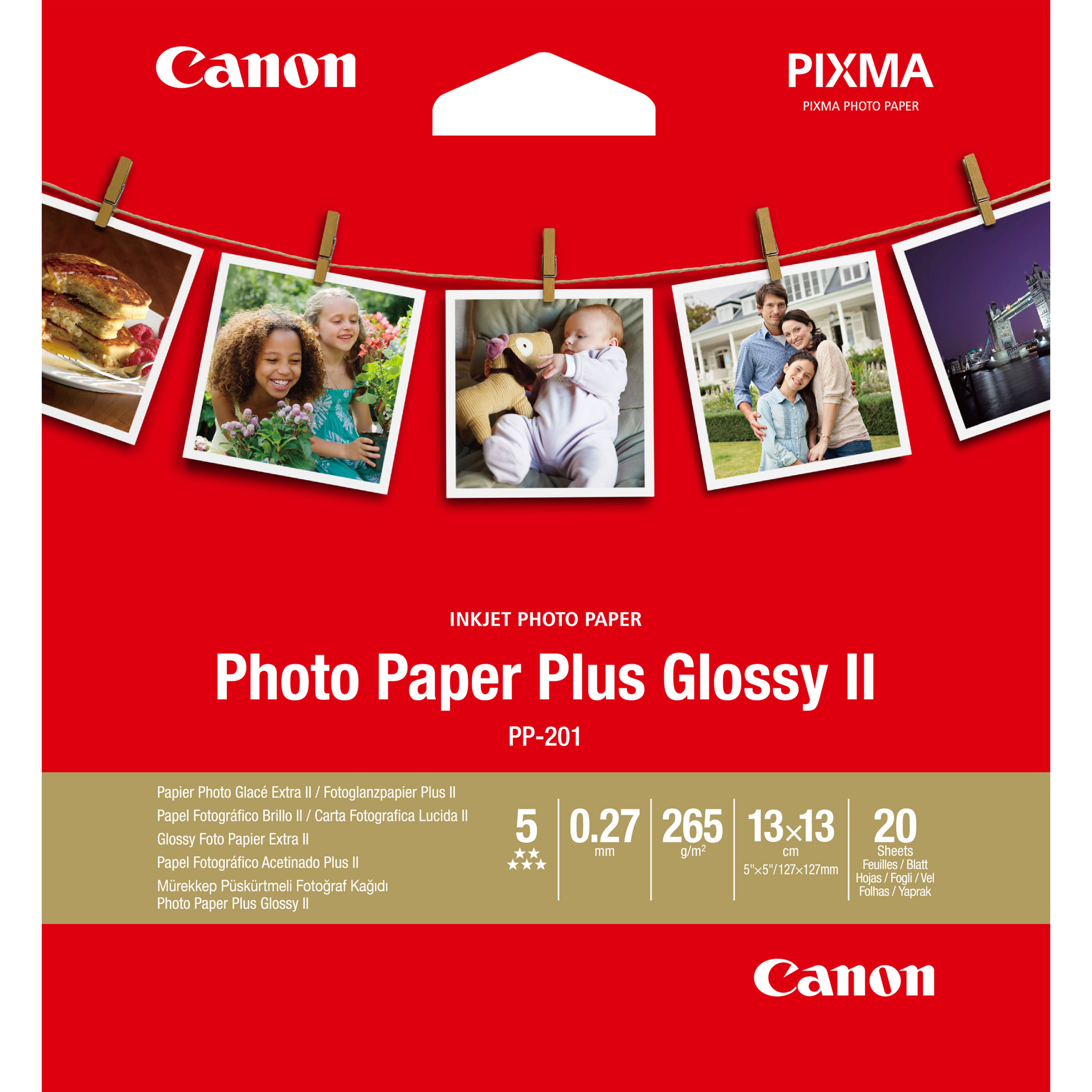 Canon PIXMA Tintenstrahlfotopapier Plus Glänzend II Paket mit hängenden Beispielfotos und Produktdetails für PP-201 Papier.