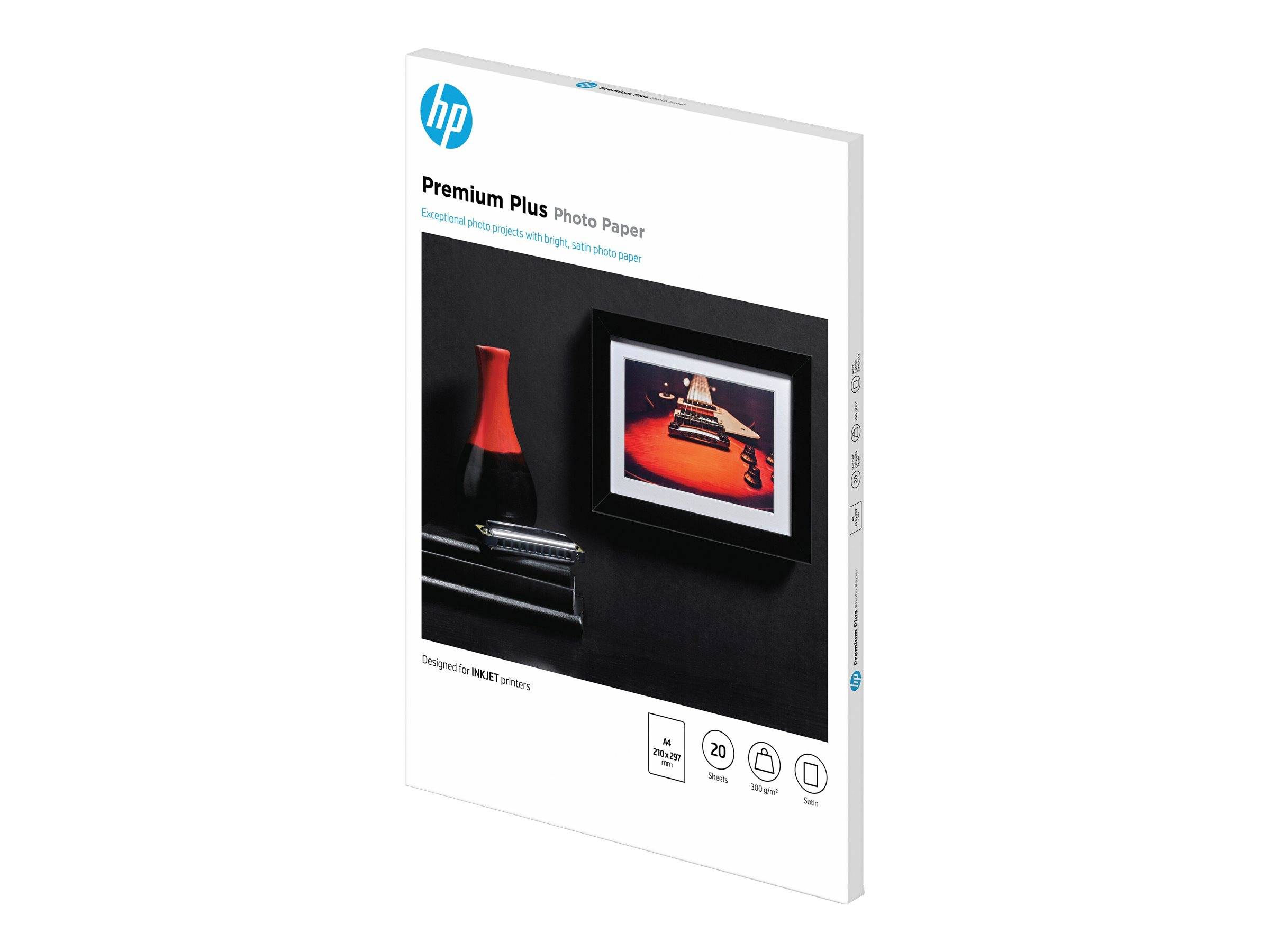 HP Premium Plus Fotopapier-Verpackung auf weißem Hintergrund gezeigt, mit einem Musterfotodruck auf der Vorderseite.