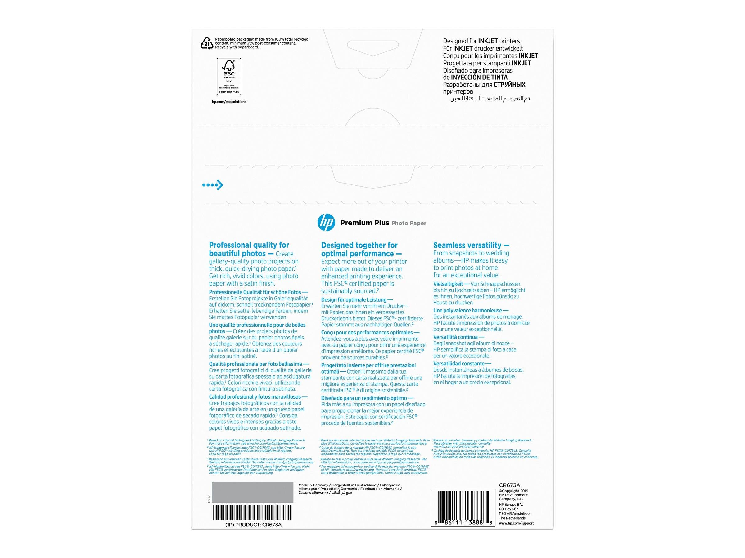 # Rückseite von HP Premium Plus Fotopapier-Verpackung mit Recycling-Symbolen, mehrsprachigen Produktinformationen, drei Merkmalsspalten und Barcodes am unteren Ende.