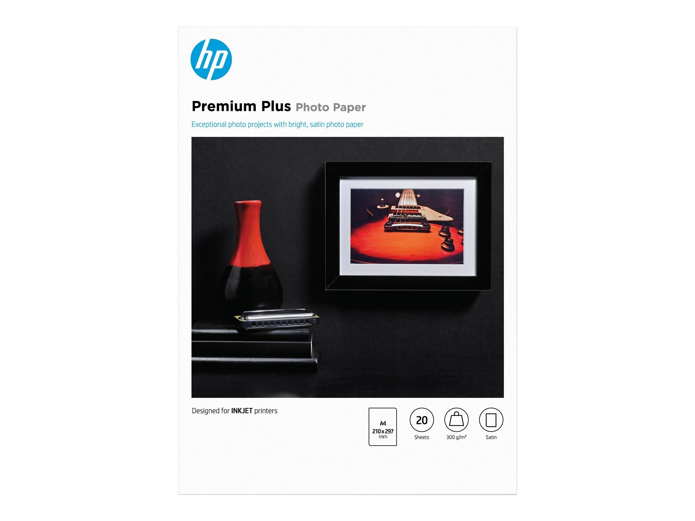 HP Premium Plus Fotopapier-Verpackung mit gerahmtem Fotodruck, roter Vase und Papierspezifikationen für Tintenstrahldrucker, 20 Blatt, 300 g/m², matter Oberfläche