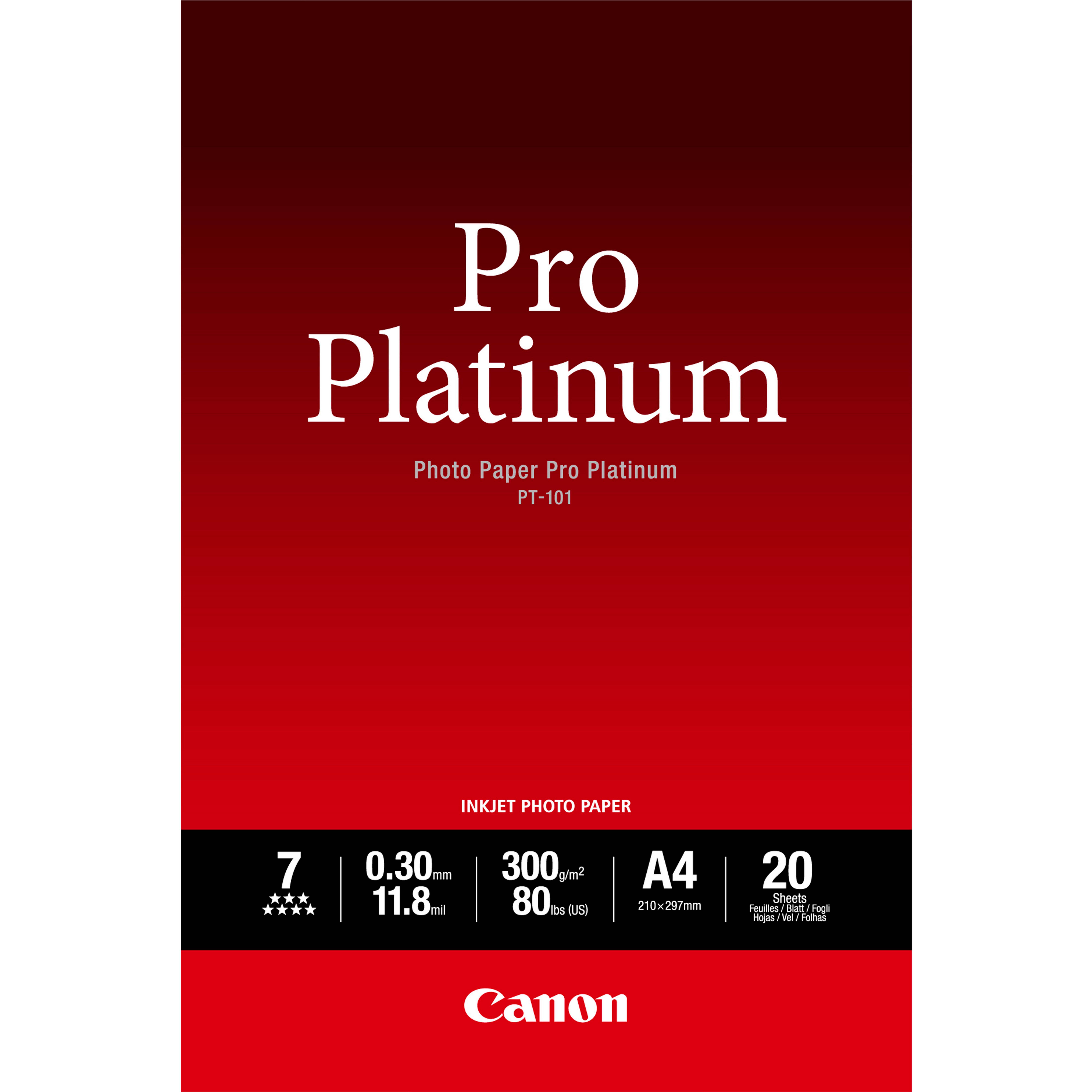 Canon Pro Platinum Tintenstrahlfotopapier-Paket, A4-Format, 20 Blatt, 300 g/m², PT-101.