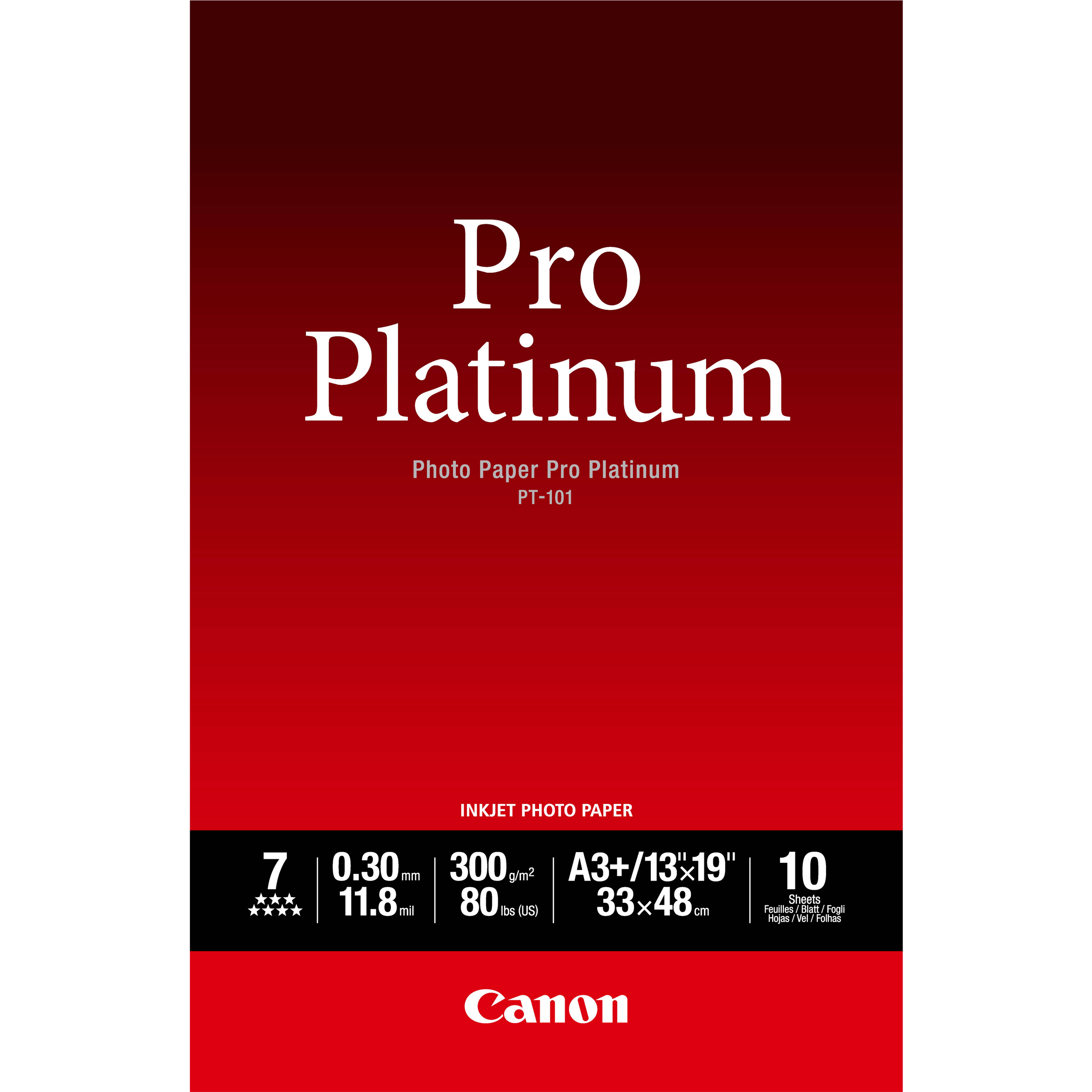 Canon Pro Platinum Tintenstrahlfotopapier-Paket, rotes Gradientendesign, beschriftet mit „Photo Paper Pro Platinum PT-101