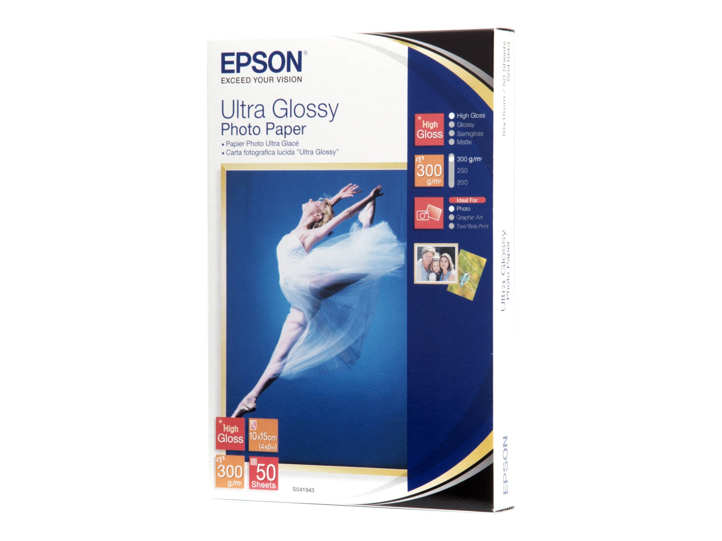 Epson Ultra Gloss-Fotopapier-Verpackung mit einem Ballerinenabild, das hochglänzend, 300 gsm und 50 Blatt hervorhebt.