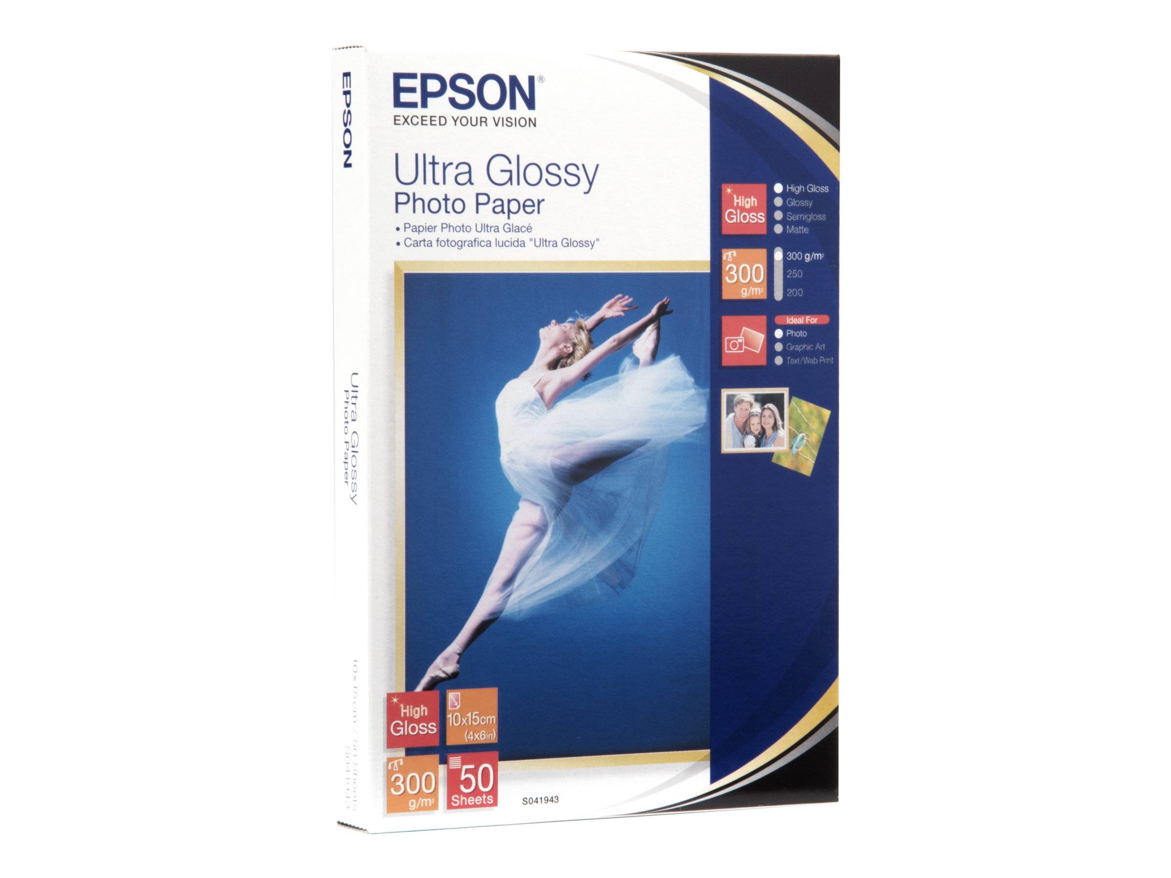 Epson Ultra Glanzfoto-Papier-Packung mit einem Balletttänzer-Foto, mit der Bezeichnung „Hochglanz