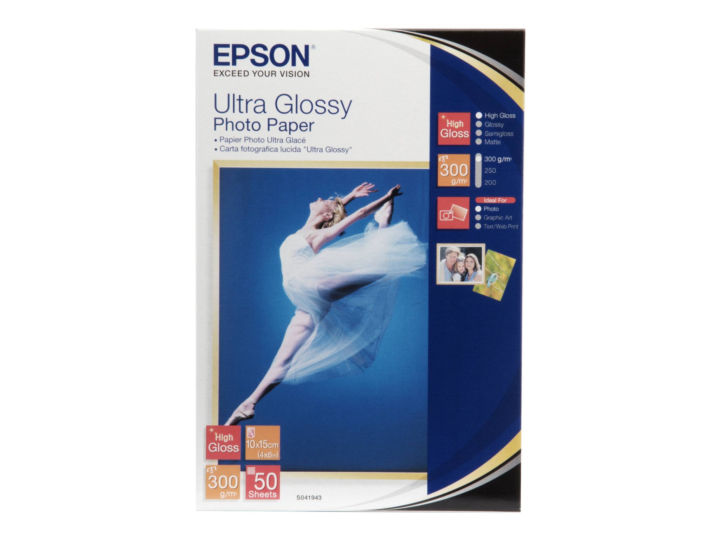 Epson Ultra Glanzfoto-Papierpackung mit einem Tänzerfoto, gekennzeichnet als hochglänzend, 300 g/m², 50 Blatt und 4 x 6 Zoll.