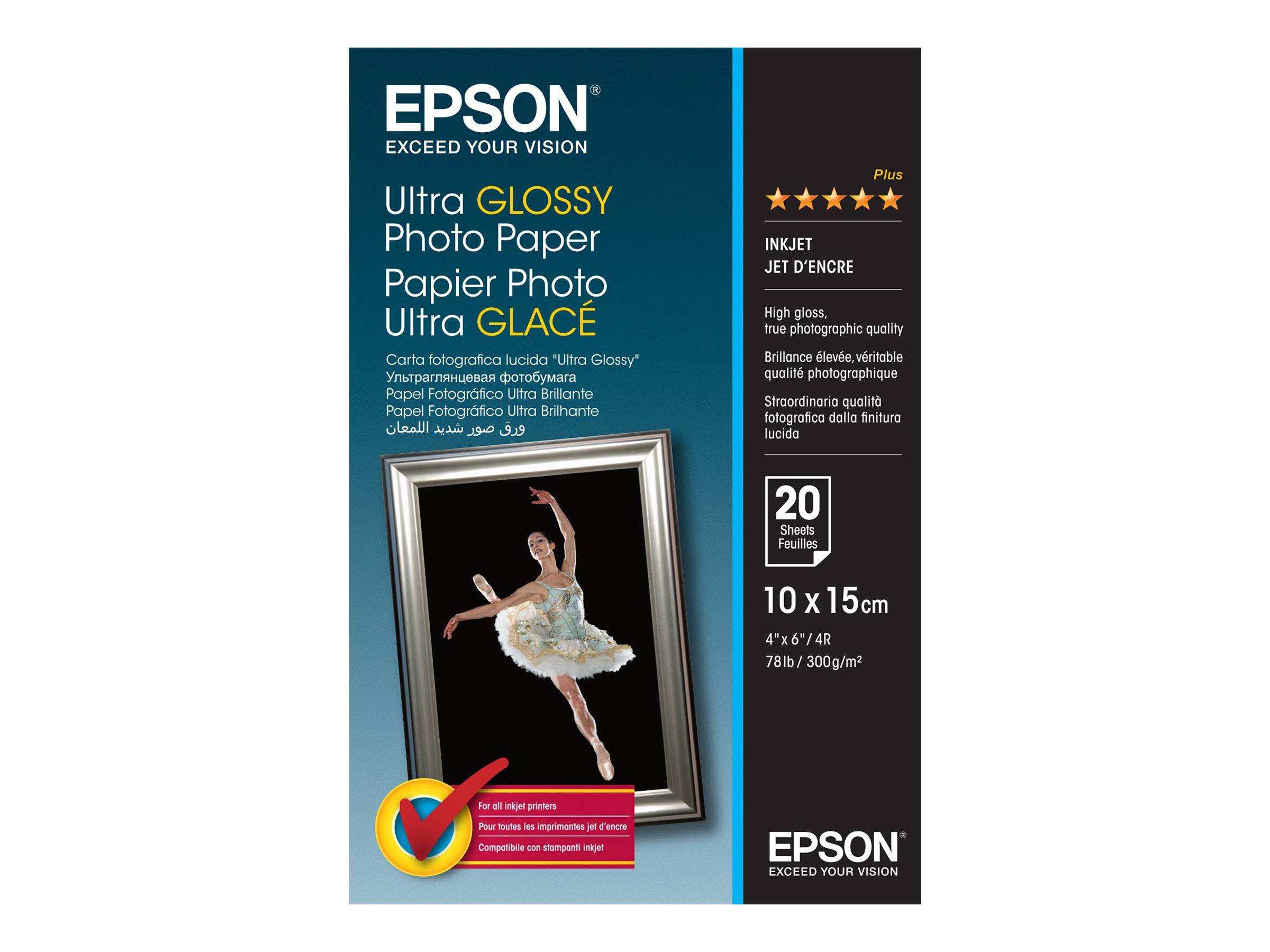 Epson Ultra Glanz-Fotopapier Packung, zeigt ein gerahmtes Ballerina-Fotomuster und Produktdetails für 20 Blatt, 10 x 15 cm Tintenstrahl-Papier.