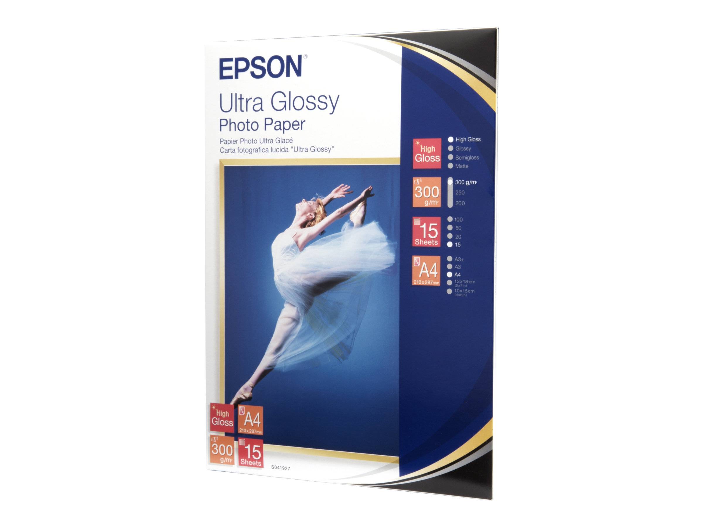 Epson Ultra Gloss-Fotopapier mit Balletttänzer-Abbildung, gekennzeichnet mit „High Gloss