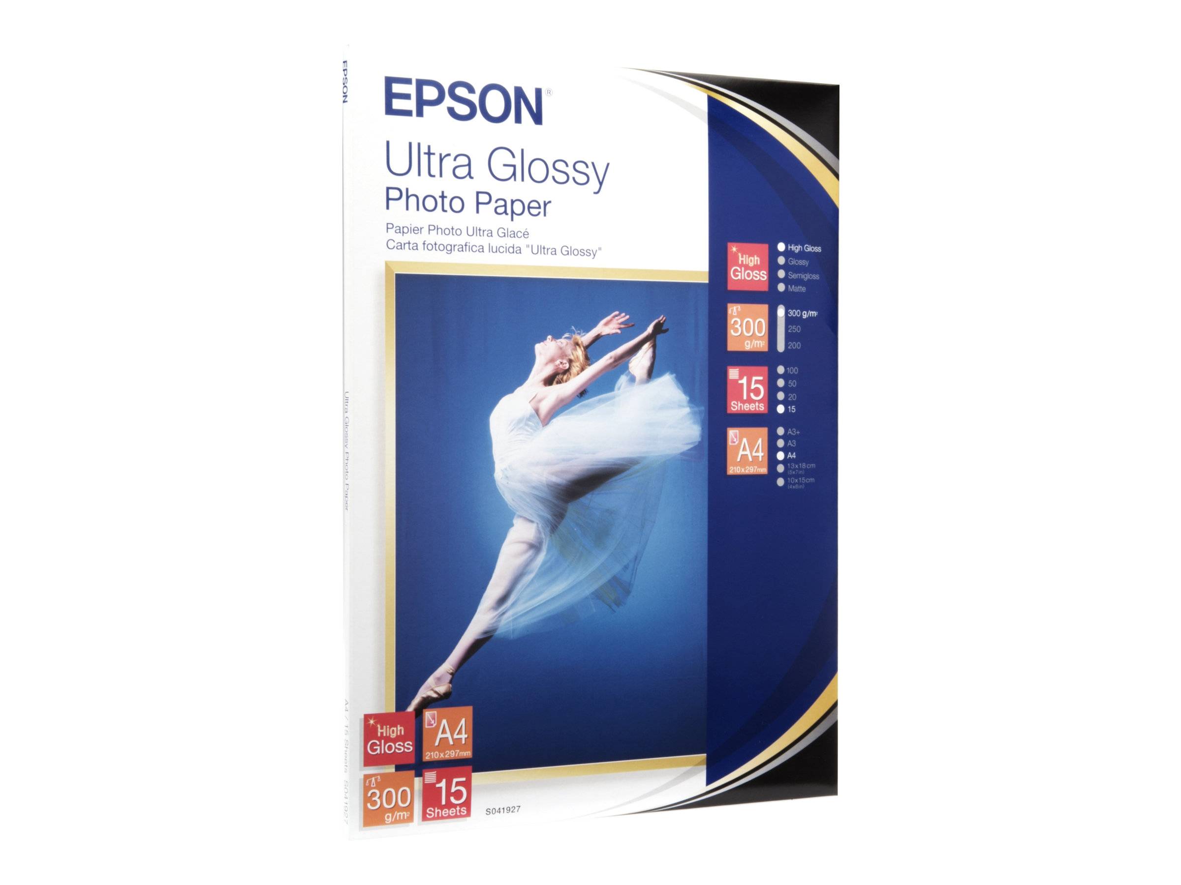 Epson Ultra Glanzfoto-Papier Packung, A4-Format, 15 Blatt, 300 g/m², abgebildet mit einem Ballettänzerin-Bild.