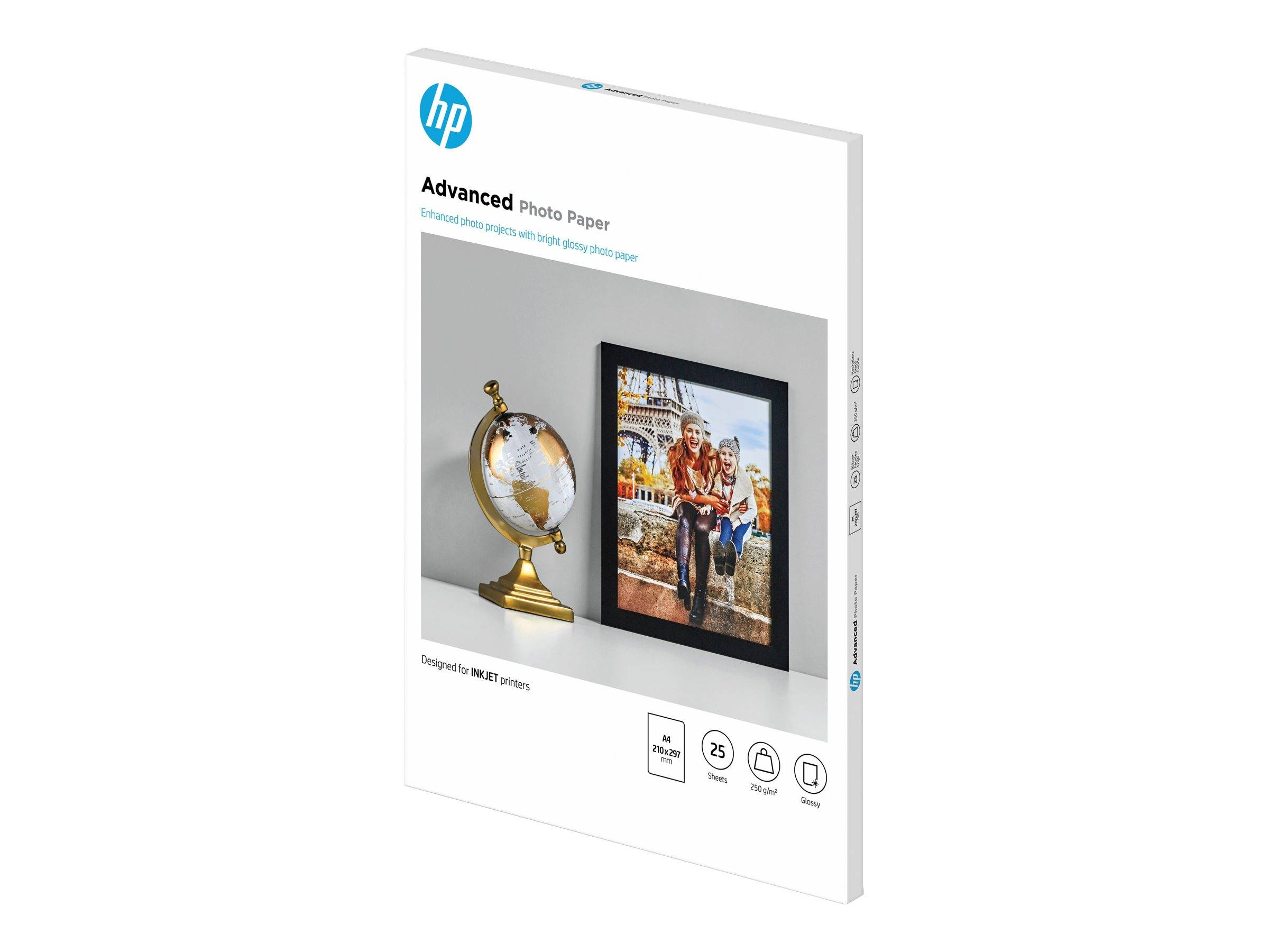 HP Advanced Fotopapier in einer weißen Schachteln mit Globus und Foto im Rahmen auf der Vorderseite.