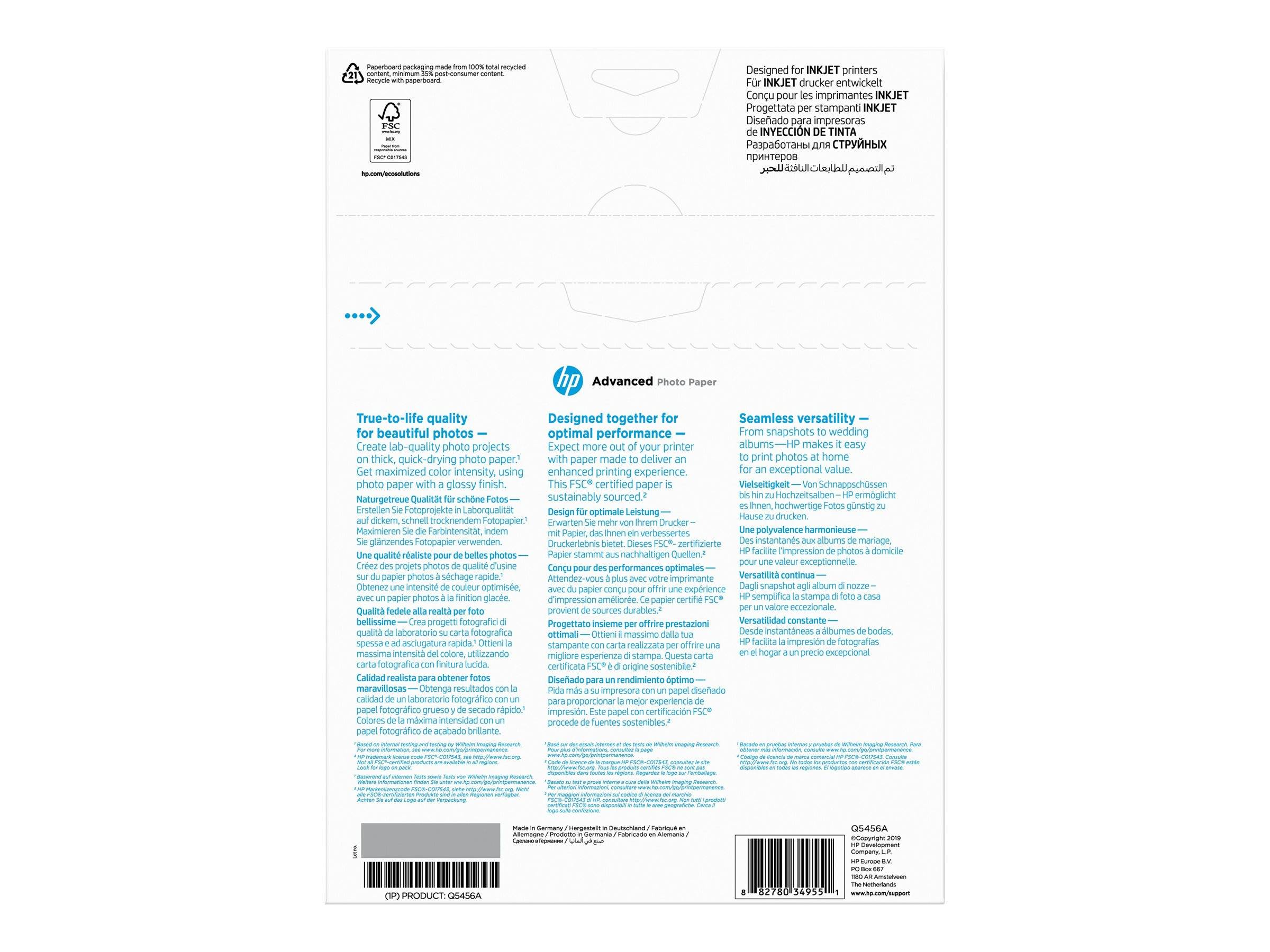# HP Advanced Photo Paper Verpackungsrückseite mit Produktdetails, drei Funktionsspalten, Recyclinginformationen und Barcodes unten.