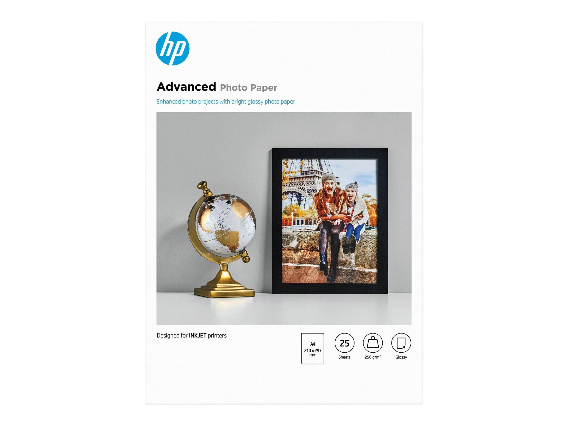 HP Advanced Fotopapier-Verpackung mit einem Globus und einem gerahmten Foto, gekennzeichnet für Tintenstrahldrucker und 25 Blatt, 250 g/m2 Glanzpapier.