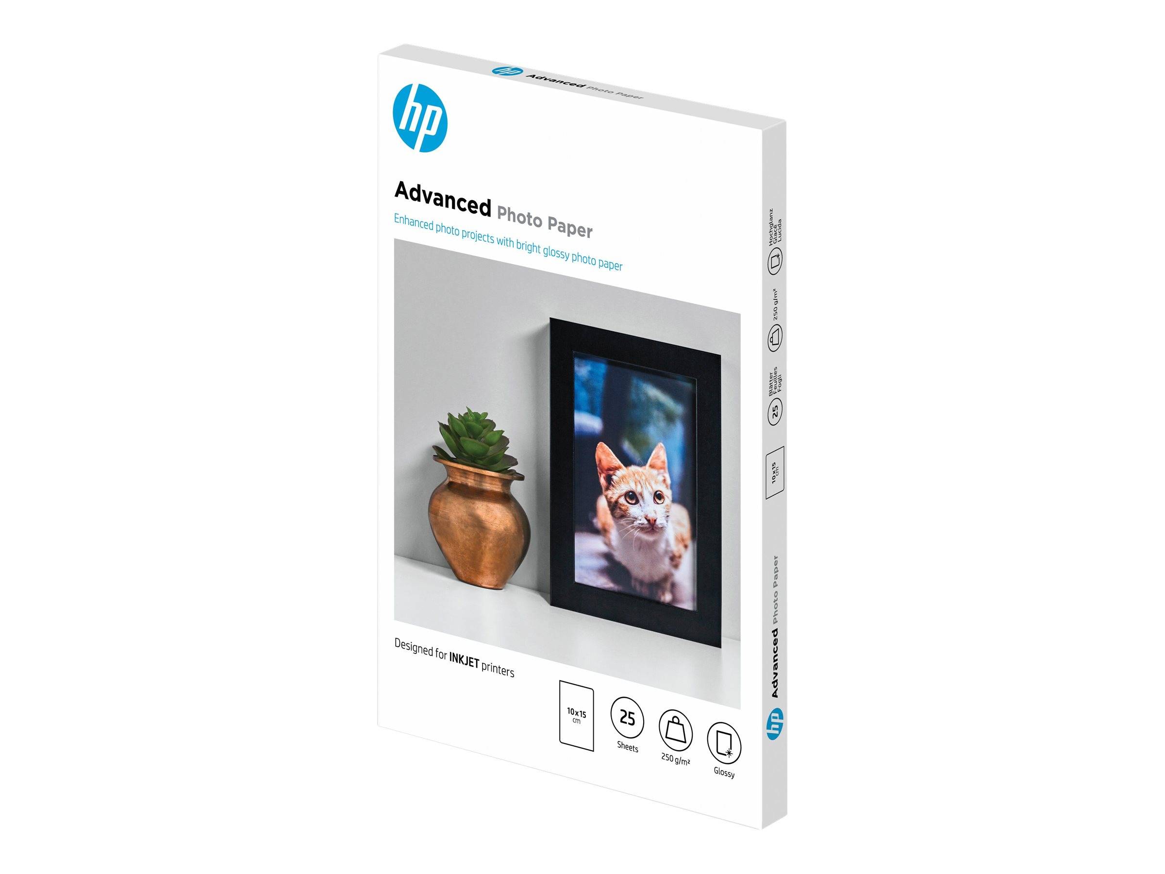 HP Advanced Fotopapier-Packung für Tintenstrahldrucker, zeigt ein gerahmtes Haustierfotos und eine Vase, mit der Aufschrift „Advanced Photo Paper