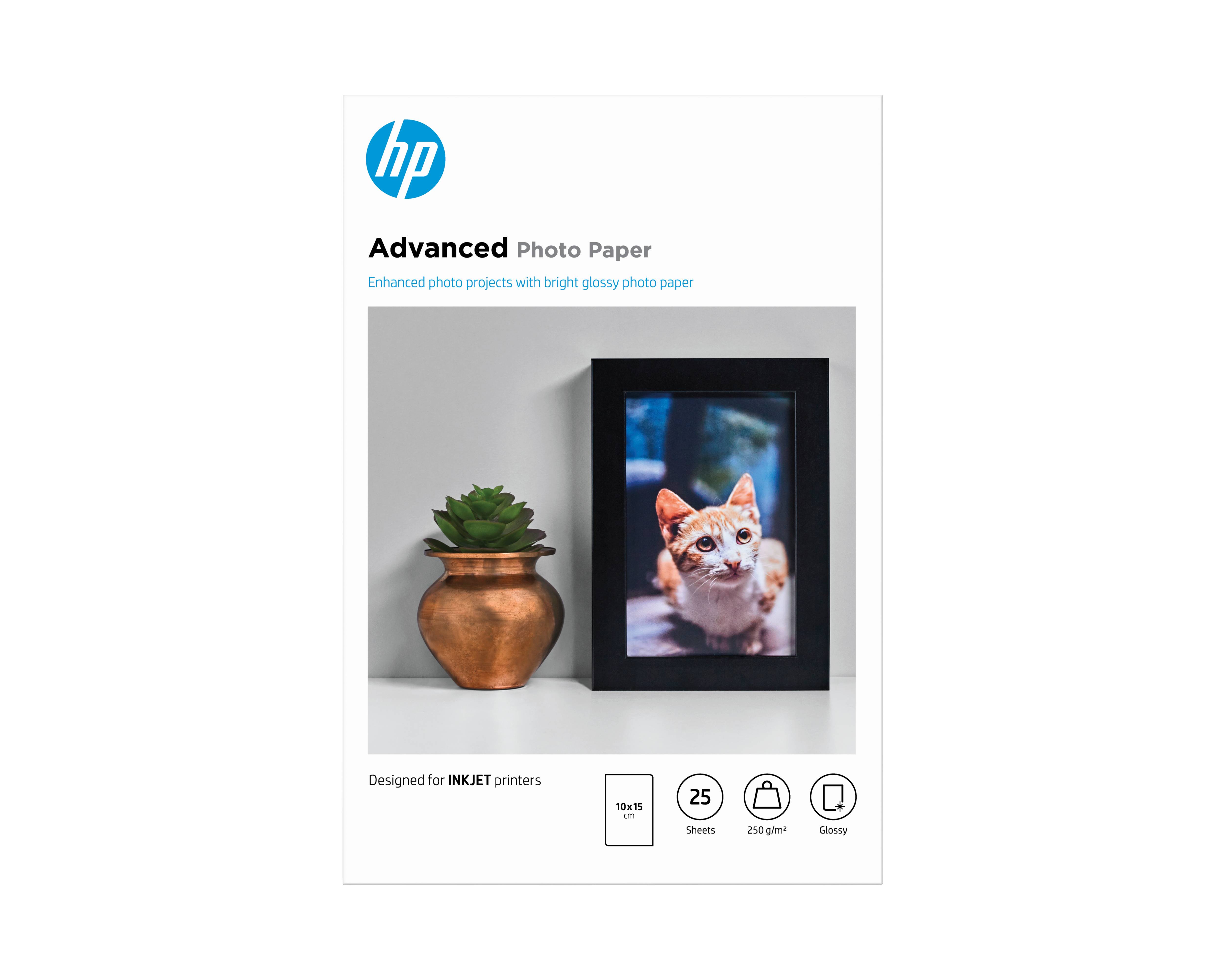 HP Advanced Photo Paper mit einer eingerahmten Katzenfo­to und einer Topfpflanze; gekennzeichnet für Tintenstrahldrucker, 25 Blatt, 250 g/m², glänzendes Finish.