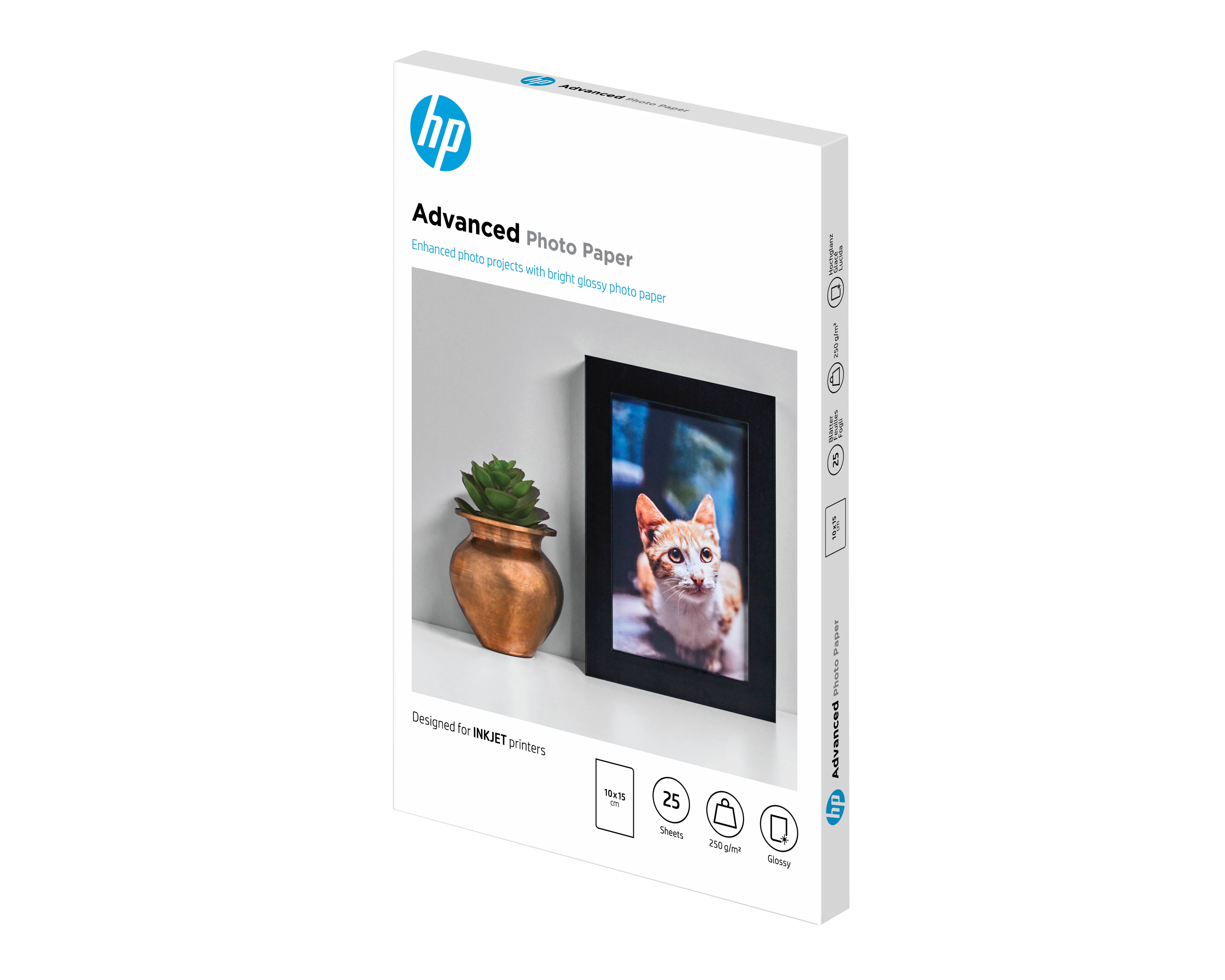 HP Premium-Fotopapier-Packung mit einem Bild einer Katze in einem gerahmten Foto und Produktsymbolen auf der Schachtel.