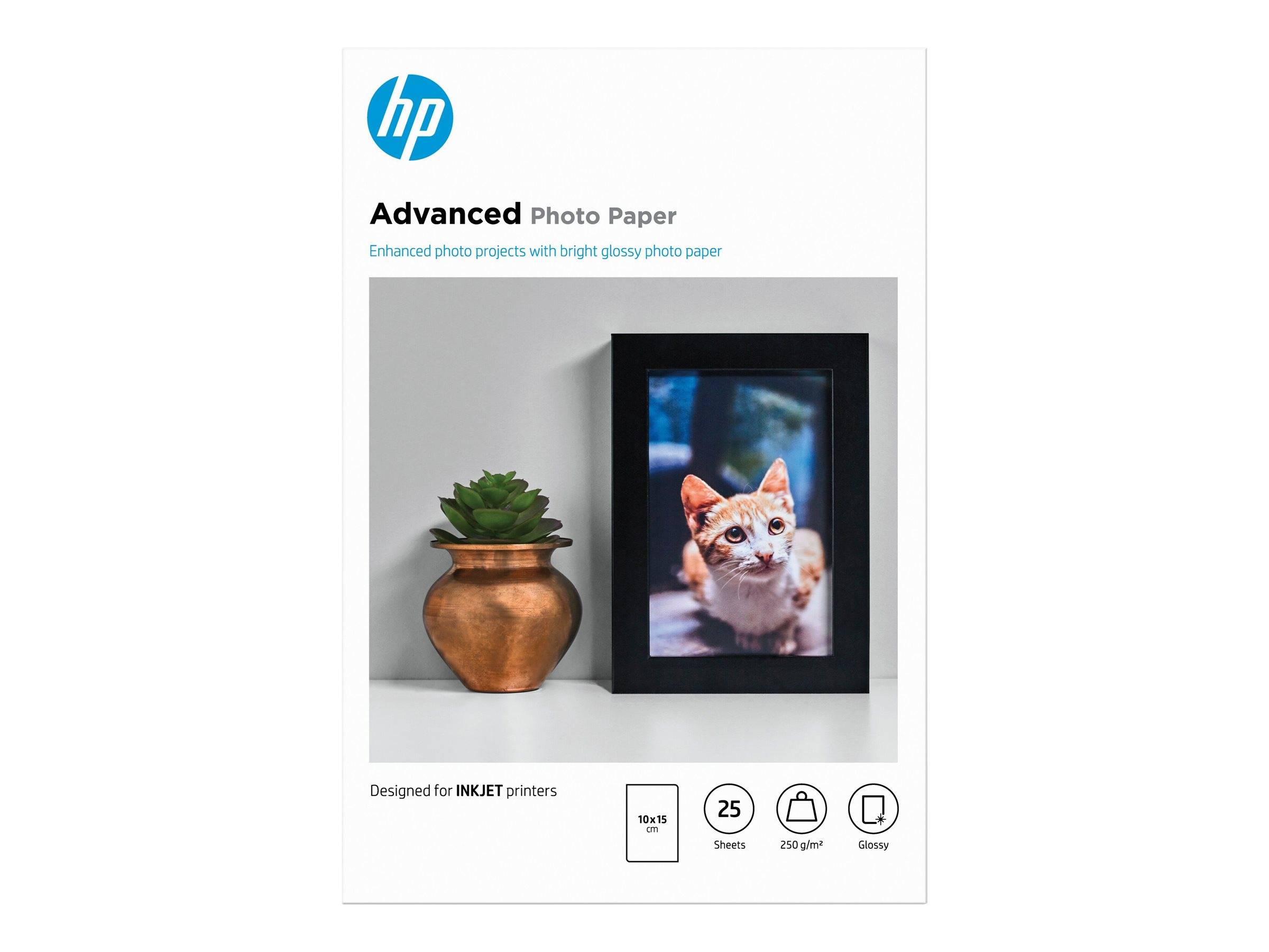 HP Advanced Fotopapier-Packung mit einem gerahmten Katzenfoto und einer Topfpflanze, gekennzeichnet für Tintenstrahldrucker; 10 x 15 cm, 25 Blatt, 250 g/m2, hochglänzend.