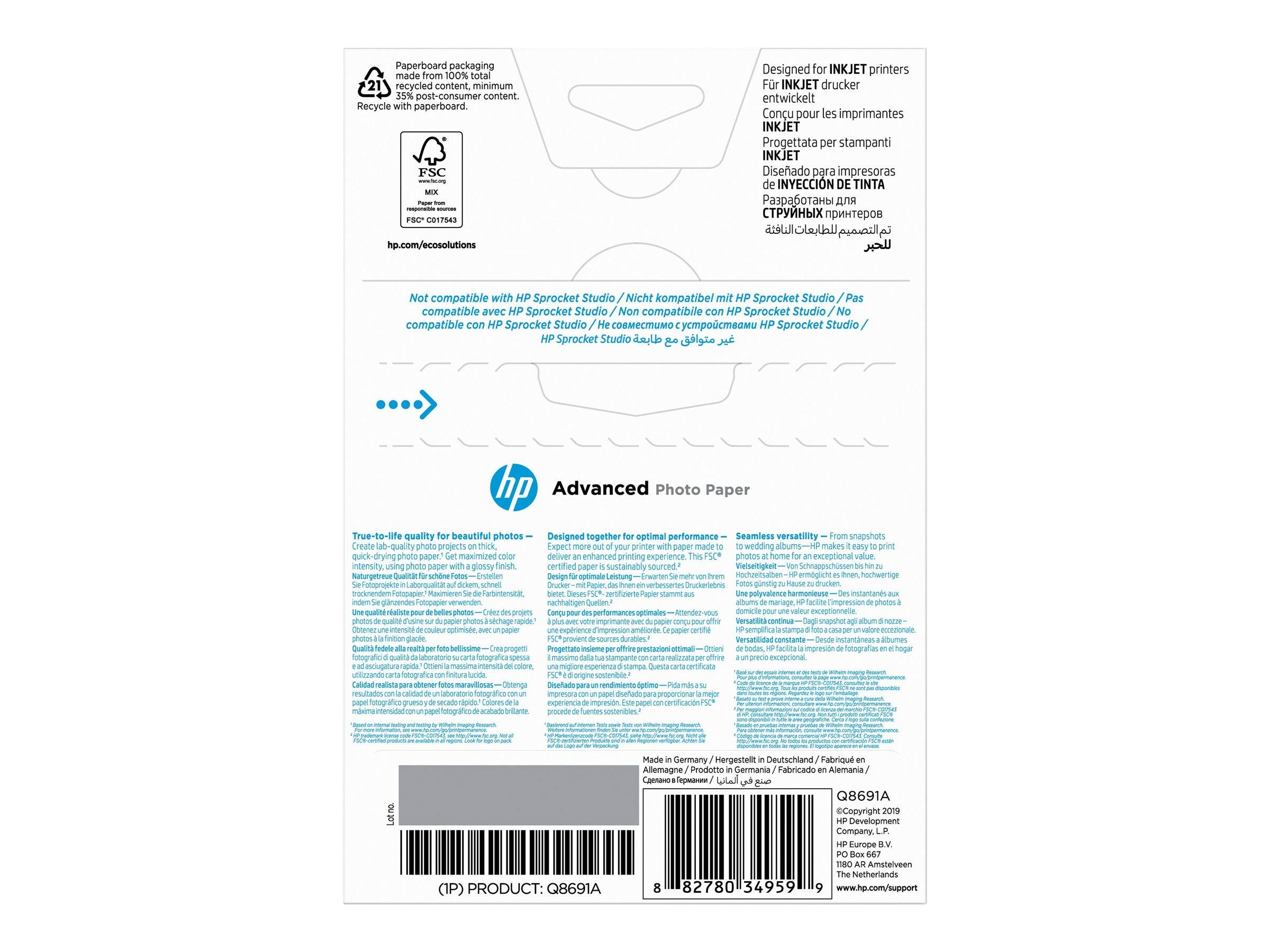 Verpackung für HP Advanced Fotopapier für Tintenstrahldrucker, zeigt Produktdetails, mehrsprachige Kompatibilitätshinweise und Barcode am unteren Ende.
