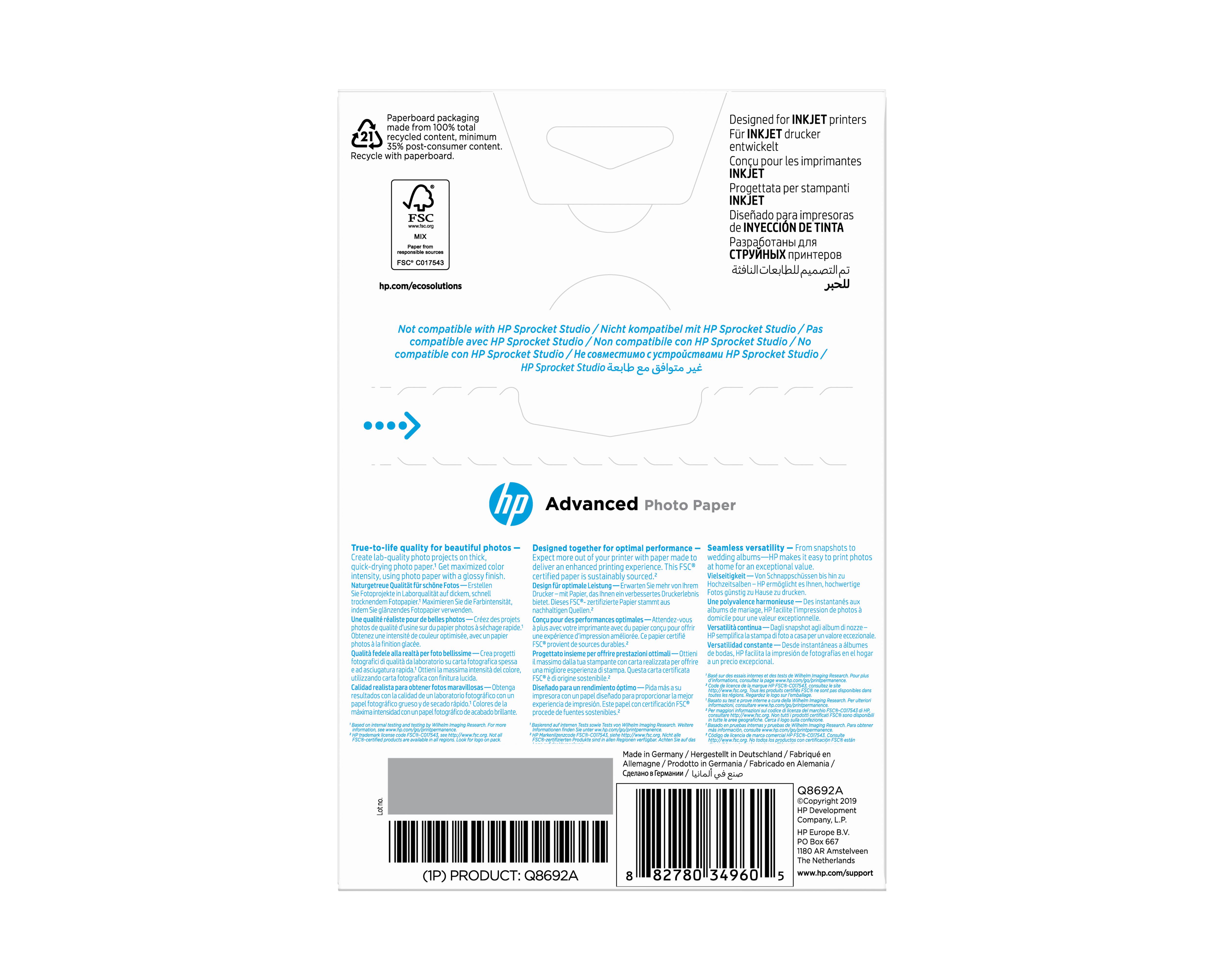 HP Advanced Glossy Photo Paper - Glänzend - 100 x 150 mm