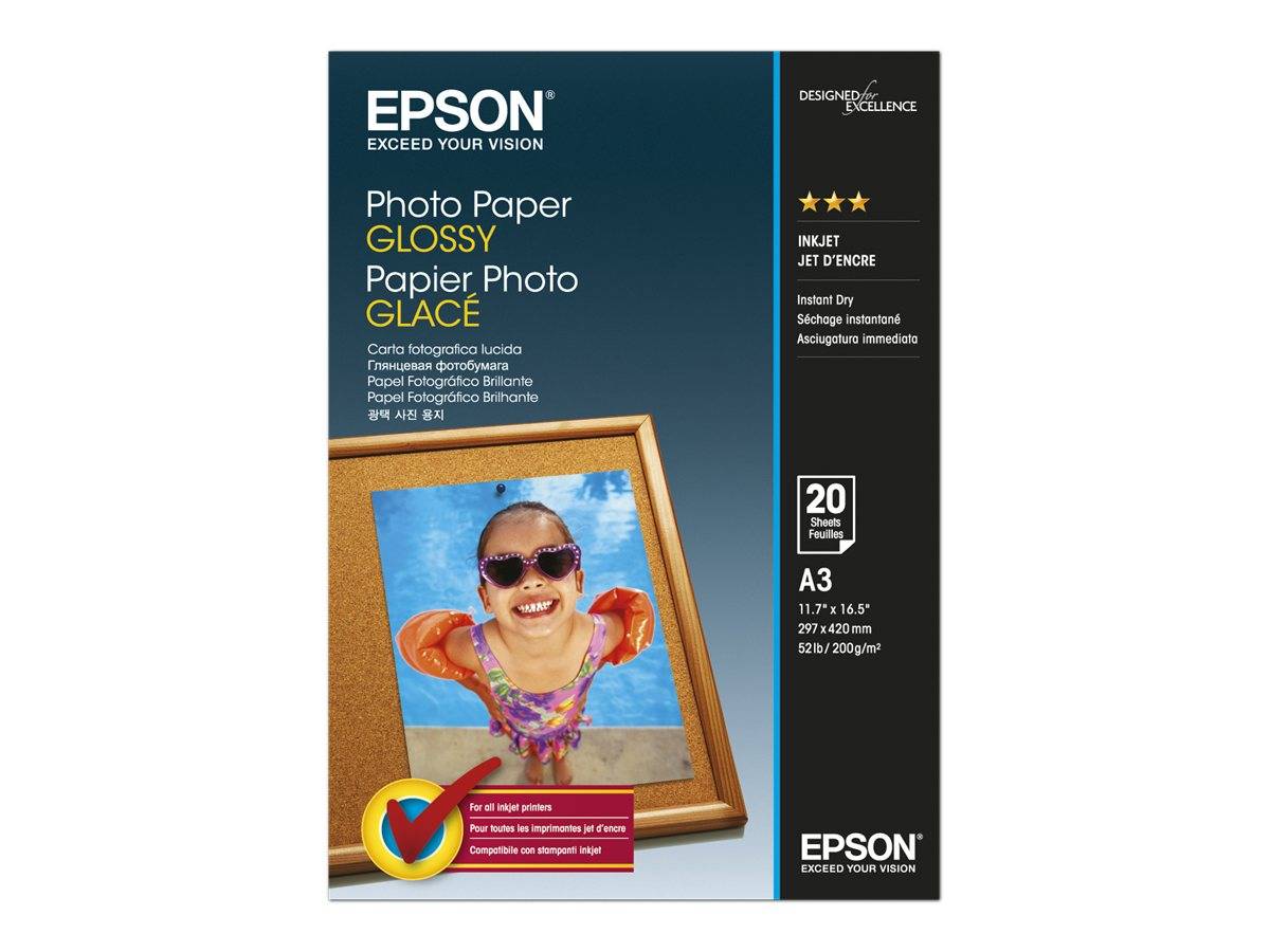 Epson Fotopapier Glänzend – Packung mit einem gerahmten Strandfotos, A3-Format, 20 Blatt und der Marke „Designed for Excellence