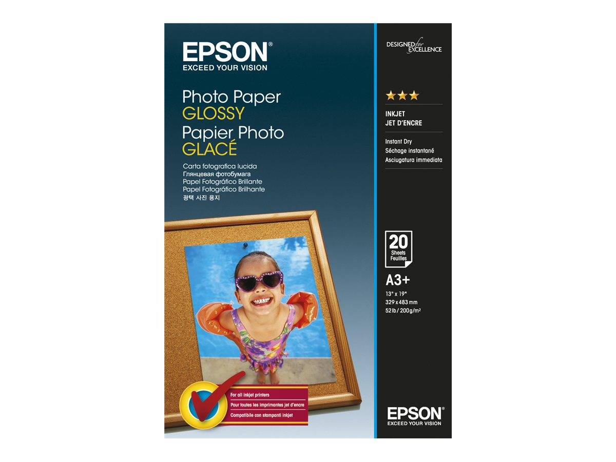 Epson Fotopapier Glänzend Verpackung für Tintenstrahldrucker, zeigt ein gerahmtes Strandformat und Produktdetails einschließlich A3+ Größe und 20 Blatt.