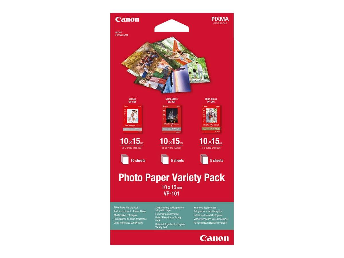 Canon PIXMA Fotopapier-Sortimentspack für 10 x 15 cm Papier mit einer Auswahl aus glänzenden, halbglänzenden und mattem Fotopapierblättern.