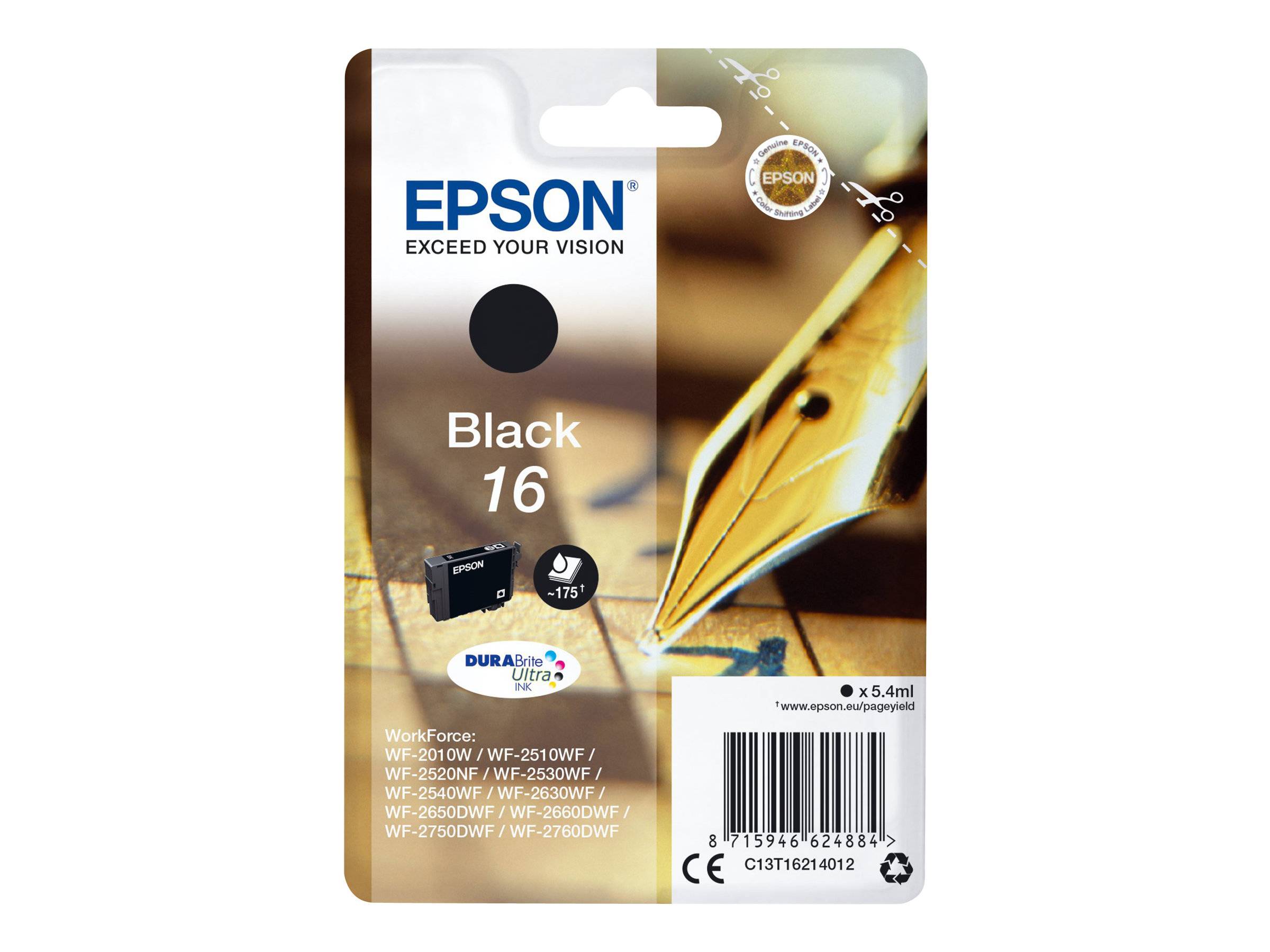 EPSON Schwarz 16 Tintenpatrone für WorkForce-Drucker, mit Stiftspitzen-Symbol und angezeigter Kapazität von 5,4 ml.