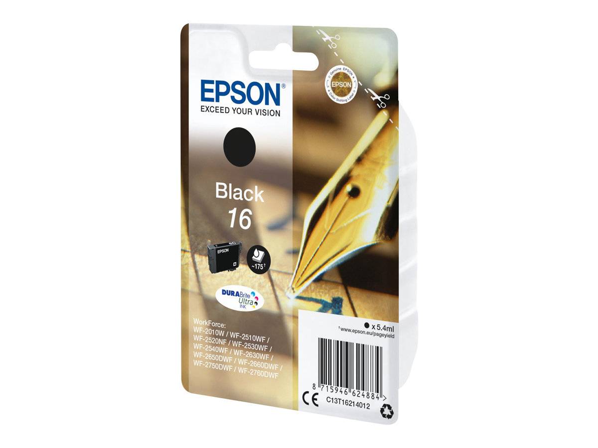 Epson Schwarz 16 Druckerpatronen-Packung mit Produktbranding und Barcode, dargestellt auf weißem Hintergrund.