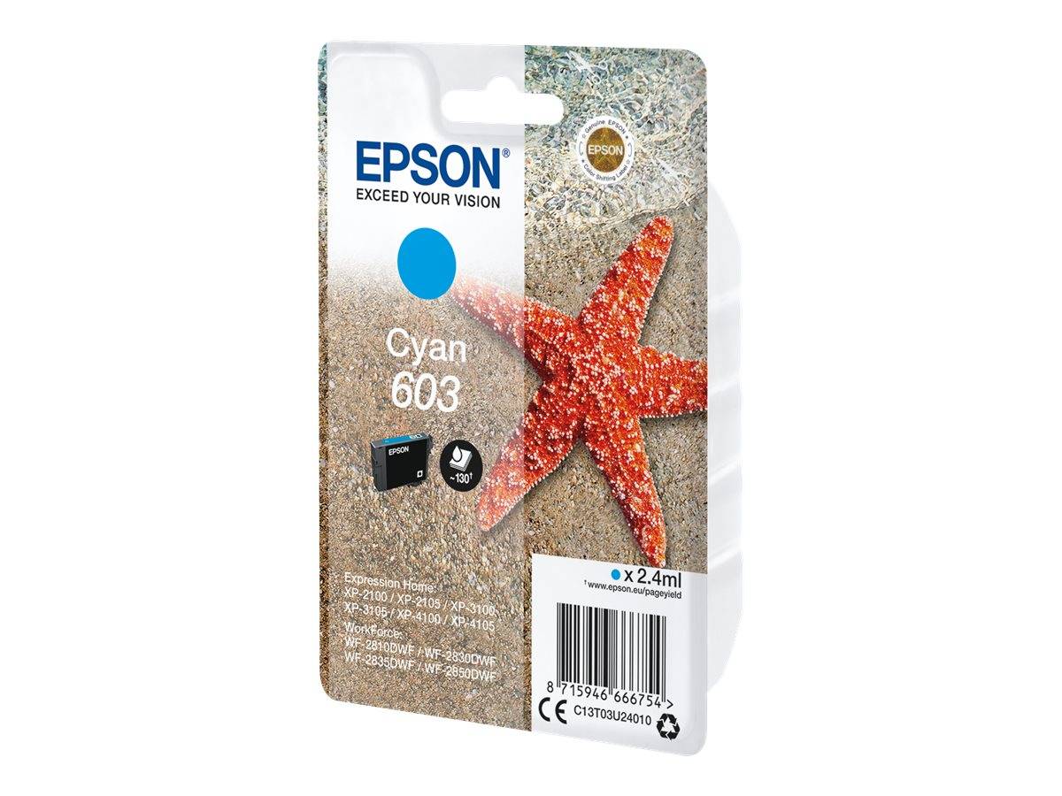 Epson Cyan 603 Tintenpatrone mit Seesternbild auf der Verpackung, zeigt 2,4 ml Kapazität und Barcode auf der Vorderseite.