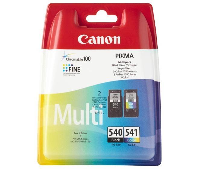 Canon PIXMA Multipack-Tintenpatronen für die Modelle MG2150/MG3150, bestehend aus zwei Patronen: '540 Schwarz' und '541 Farbe'.