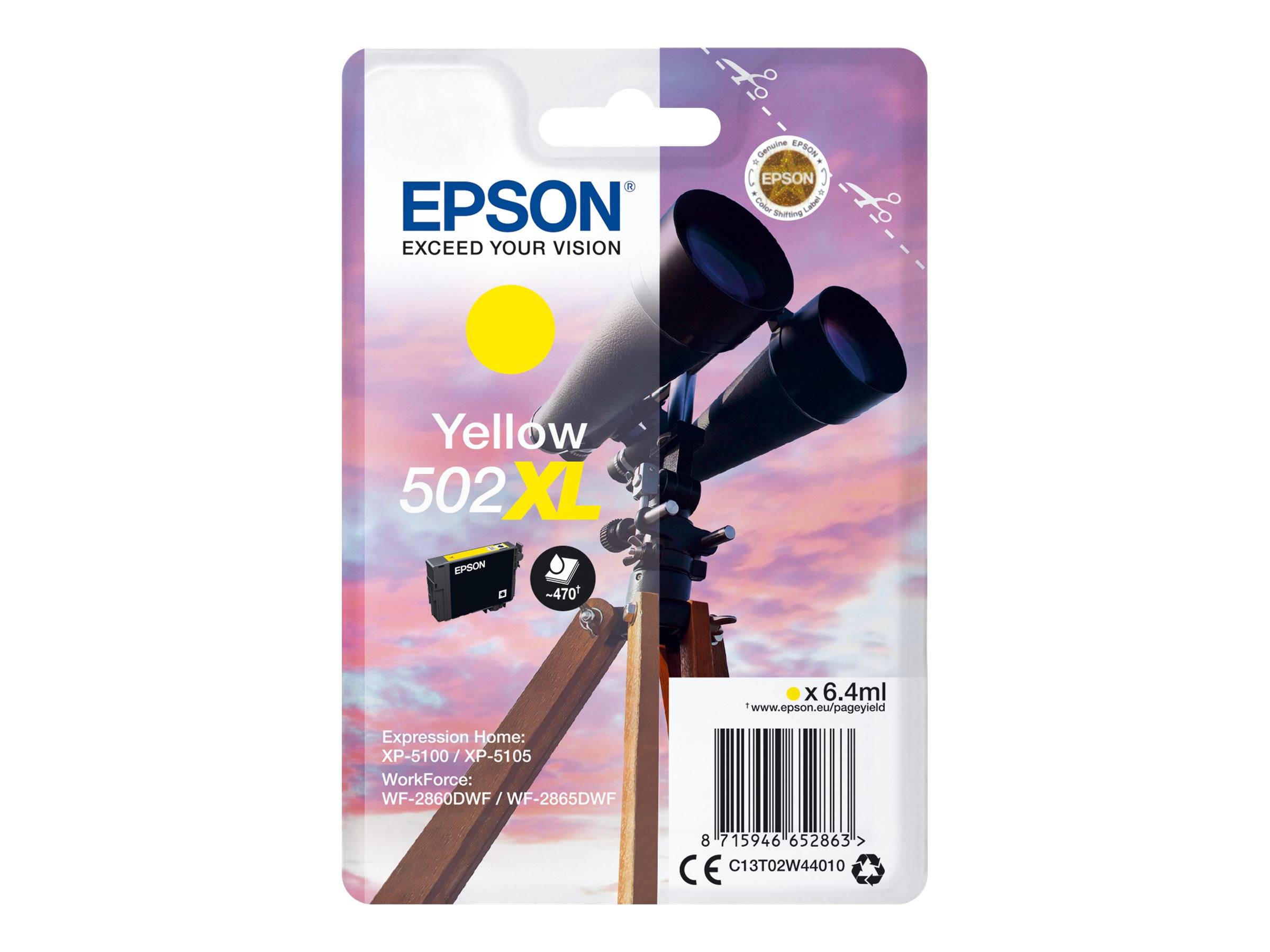 Epson Gelb 502XL Tintenpatrone für Expression Home und WorkForce Drucker, mit Produktcode und Barcode.