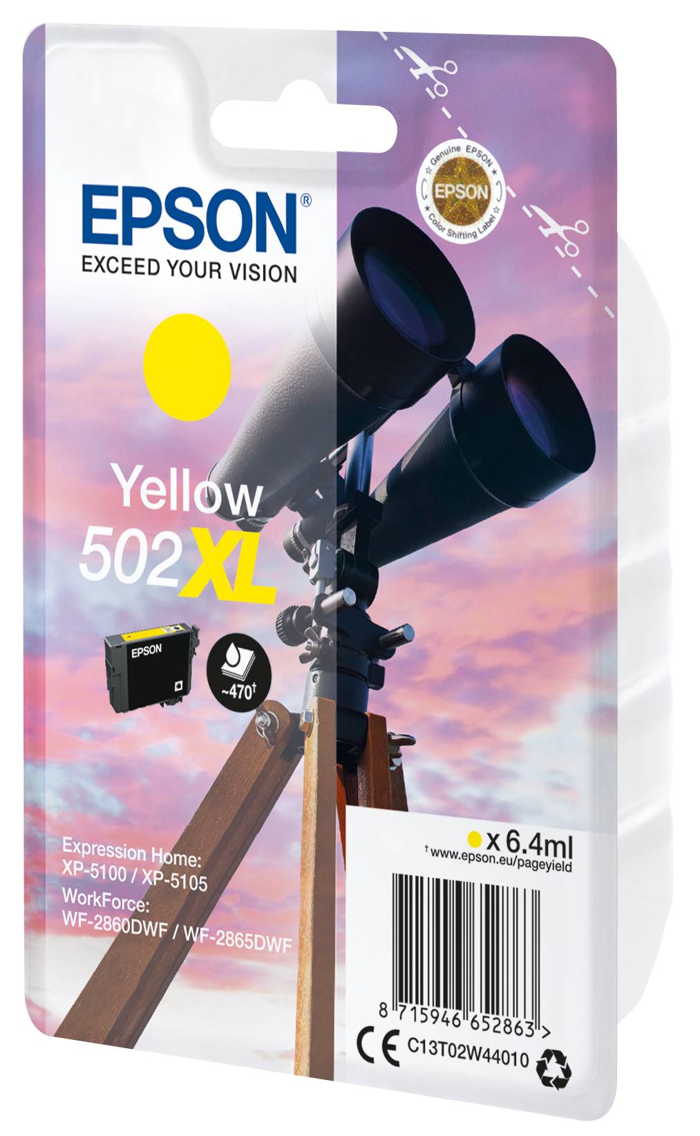 Epson Gelbe 502XL Tintenpatrone Verpackung mit Binokularen-Bild, zeigt Kompatibilität mit Epson Expression Home und WorkForce Druckern und 6,4 ml Ertrag.