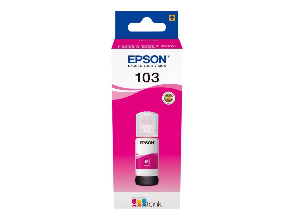 Epson 103 Magentafarbstoff-Flasche in Einzelhandelsverpackung, frontal auf weißem Hintergrund abgebildet.