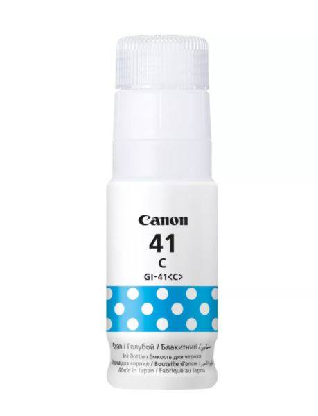 Canon GI-41 C Cyan-Tintenflasche mit weißem Deckel und blauem Polka-Dot-Etikett auf weißem Hintergrund.