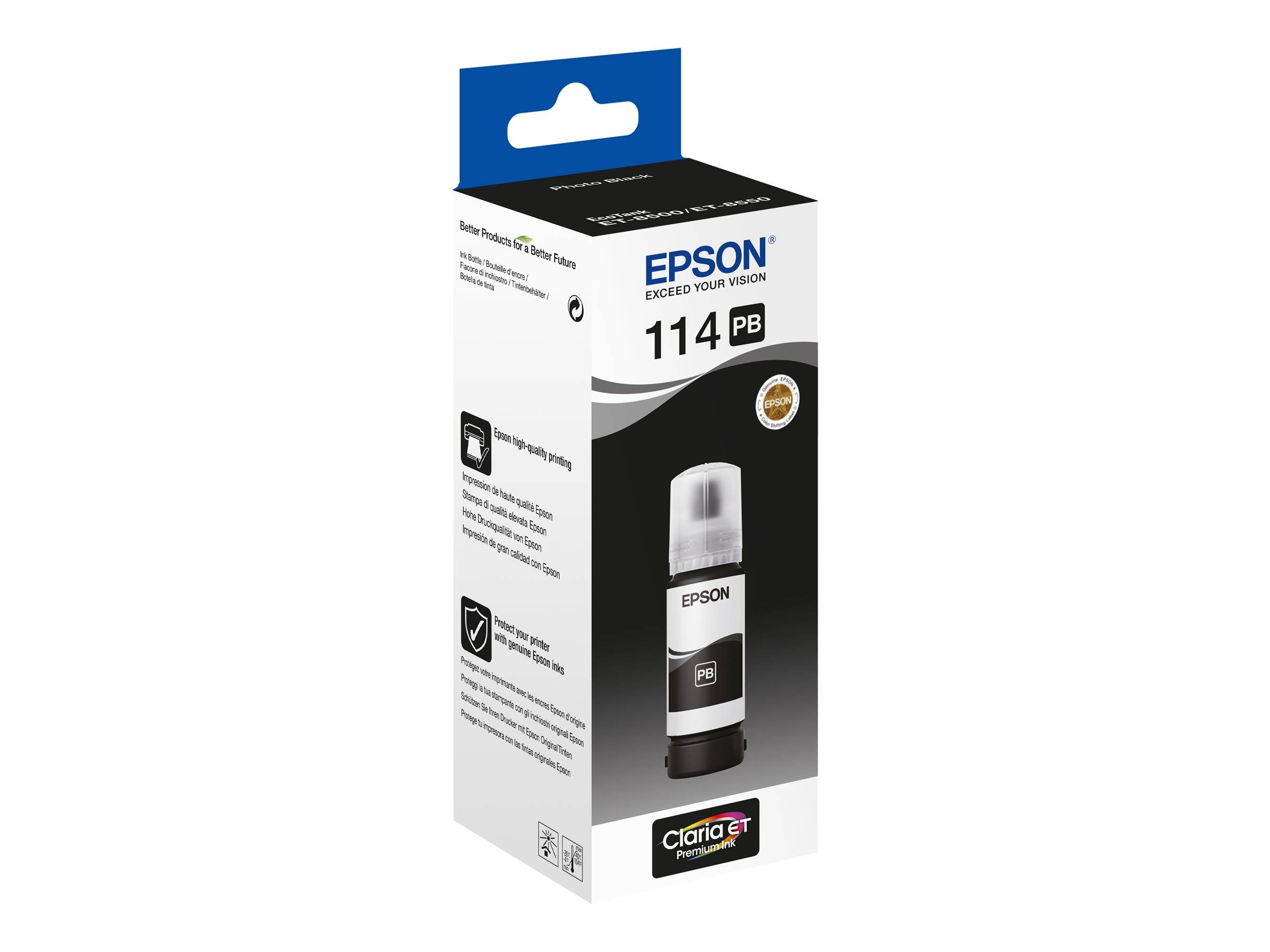 Epson 114 PB Tintenflaschenverpackungsbox auf weißem Hintergrund.
