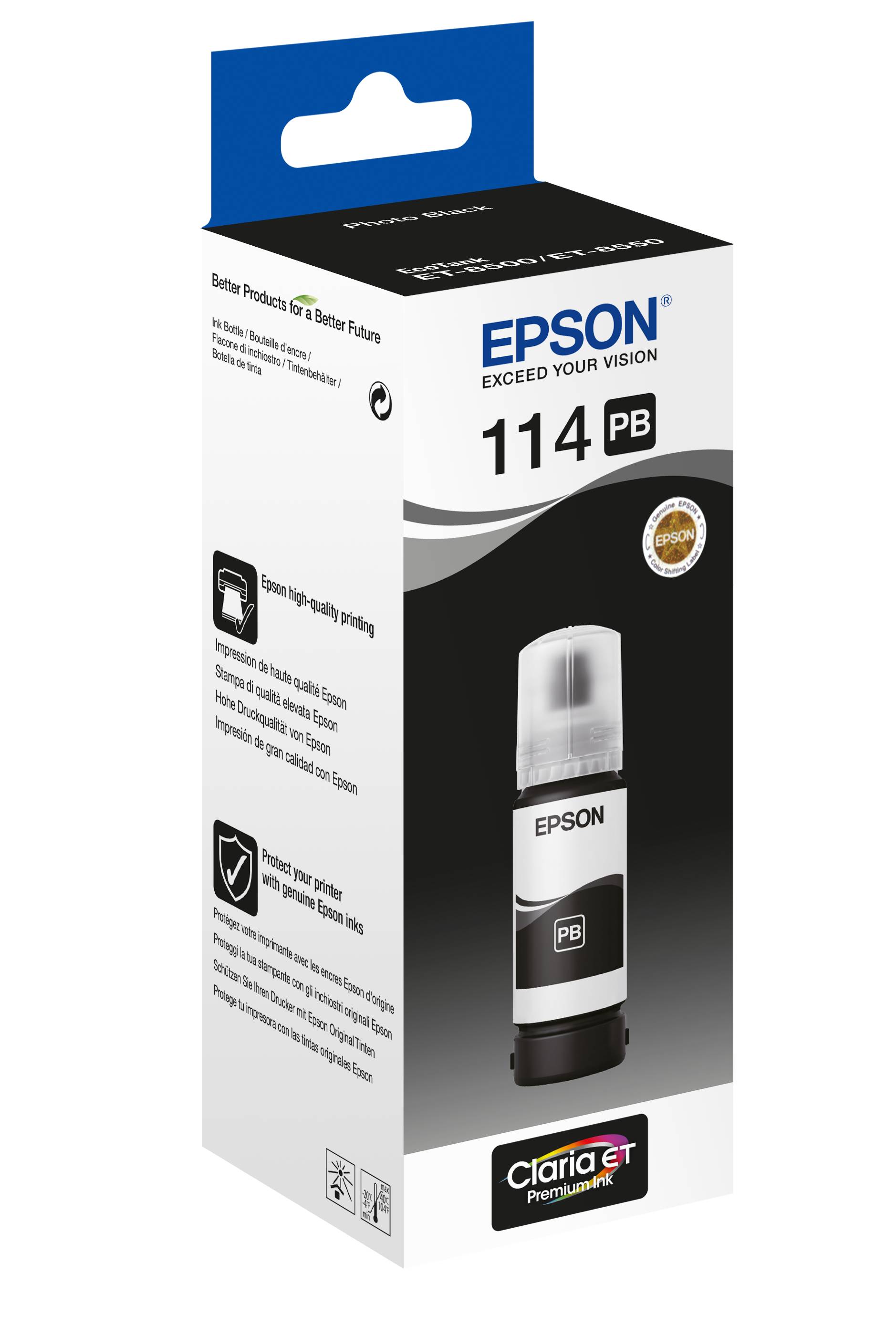 Epson 114 PB Claria ET Premium Tintenflasche mit schwarzer Tintenflasche und blauem Hänge-Register auf der Verpackung.